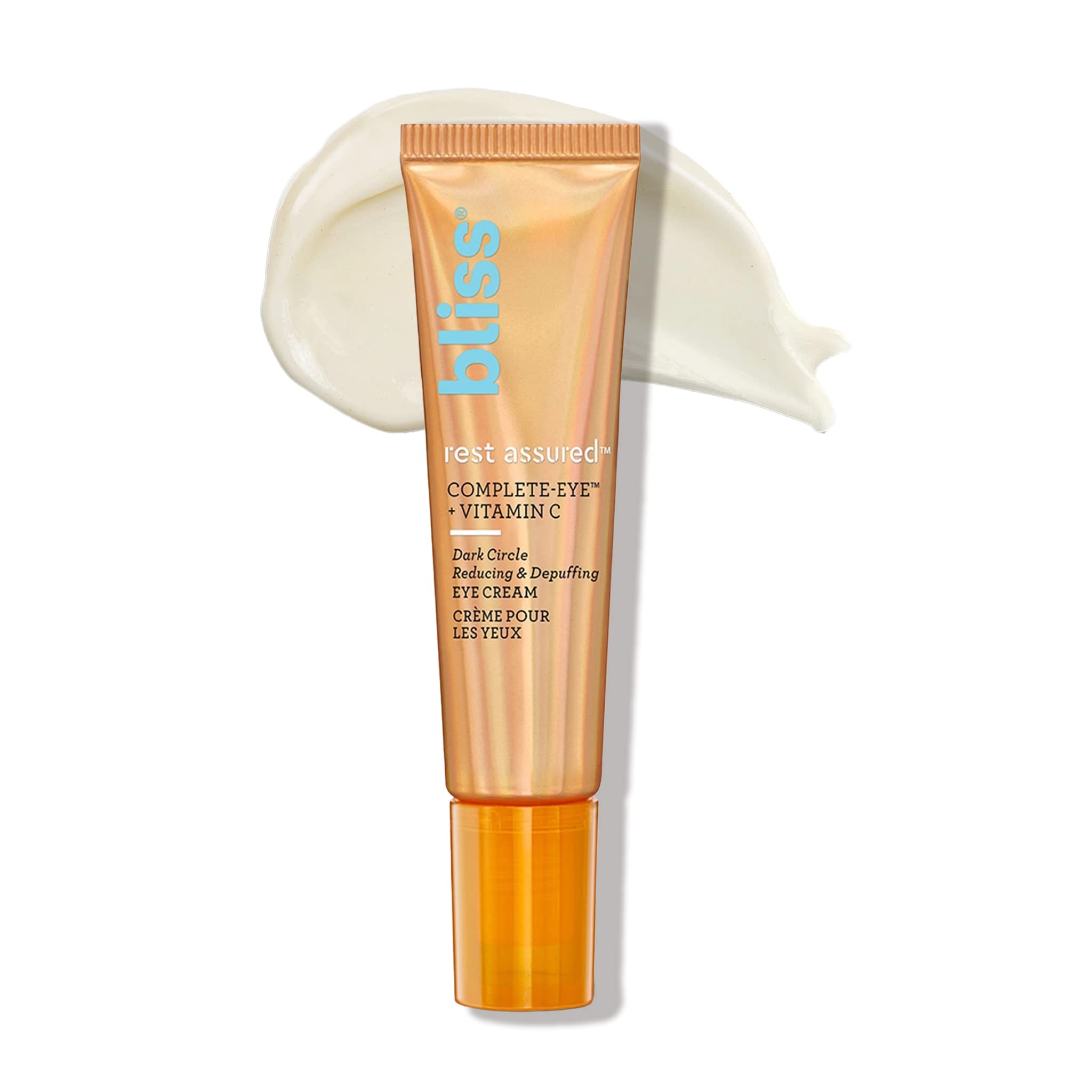Bliss Rest Assured Eye Cream tube close-up shows lightweight, non-greasy formula for daily use.