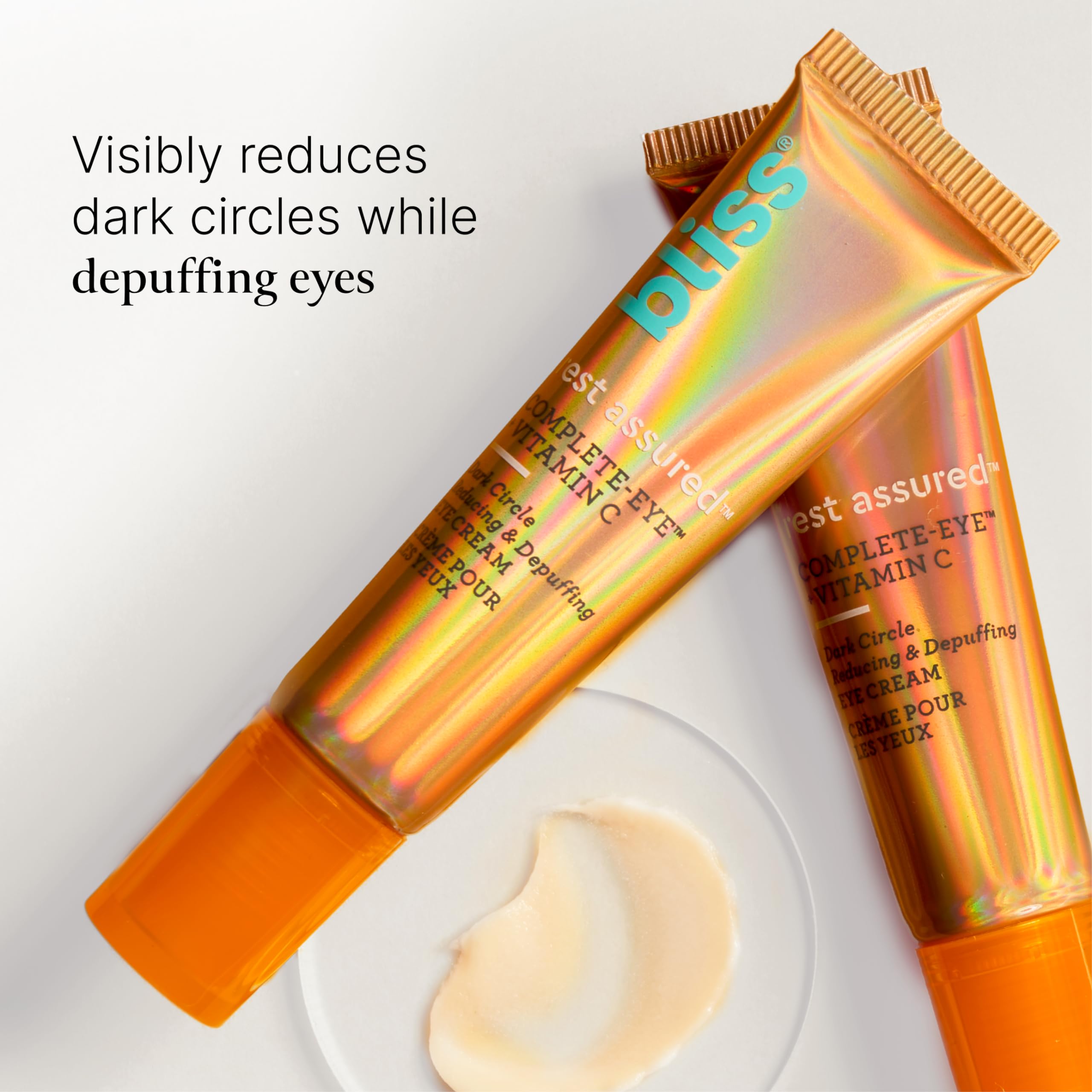 Bliss Rest Assured Eye Cream with vitamin C and niacinamide brightens the under-eye area.