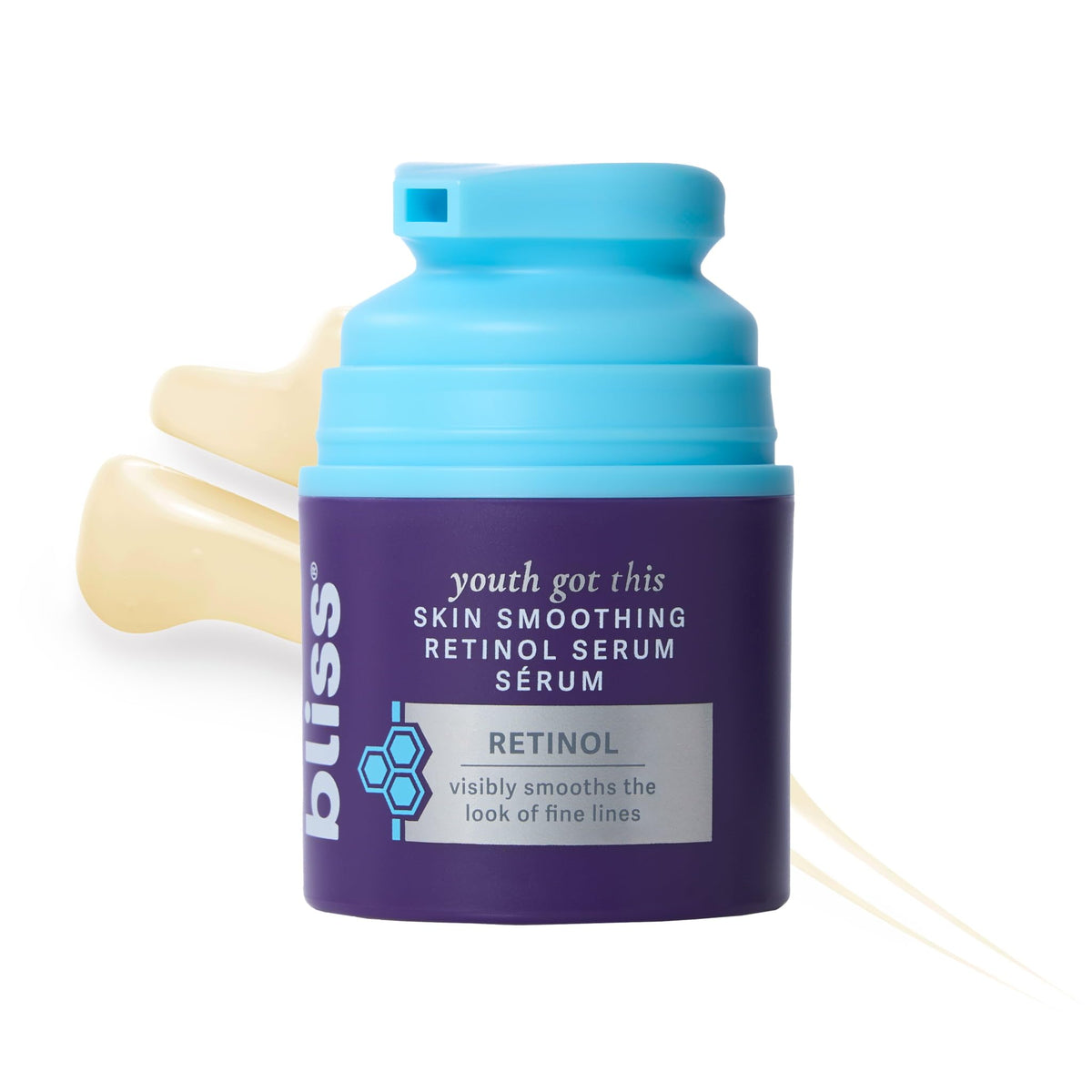 Bliss Retinol Serum bottle close-up, fragrance-free anti-aging formula for smoother skin.