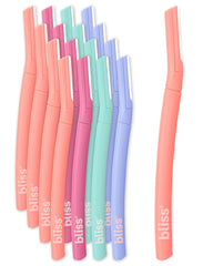 Bliss stainless-steel disposable dermaplaning tools pack shown for easy facial exfoliation and peach fuzz removal.