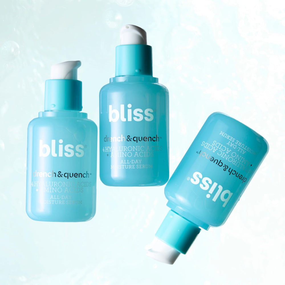 Bliss 1 oz bottle highlights travel-friendly hydrating serum.