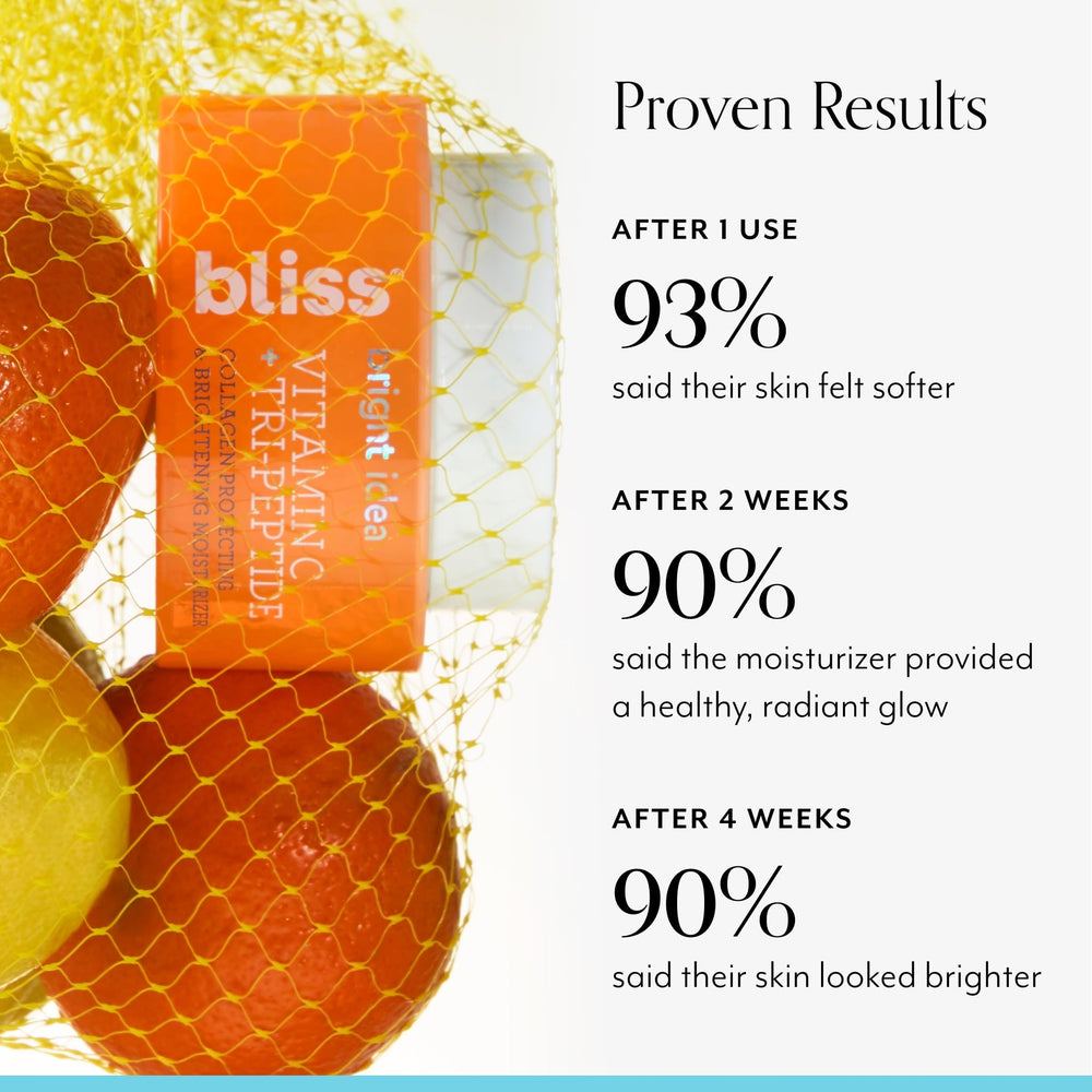 Bliss Vitamin C Tri-Peptide Brightening Moisturizer Squalane illustration highlights hydration boost.