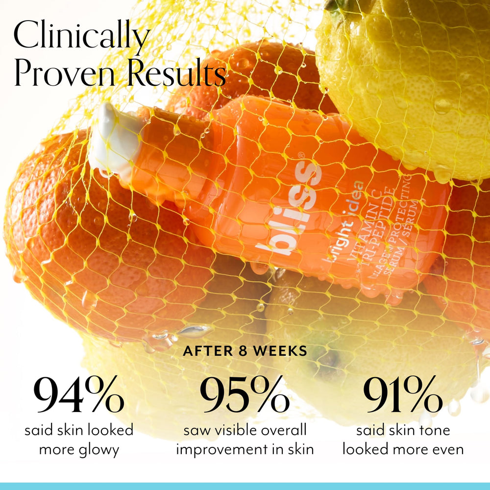 Bliss Vitamin C Tri-Peptide Serum glass bottle highlights antioxidant protection for radiant skin.
