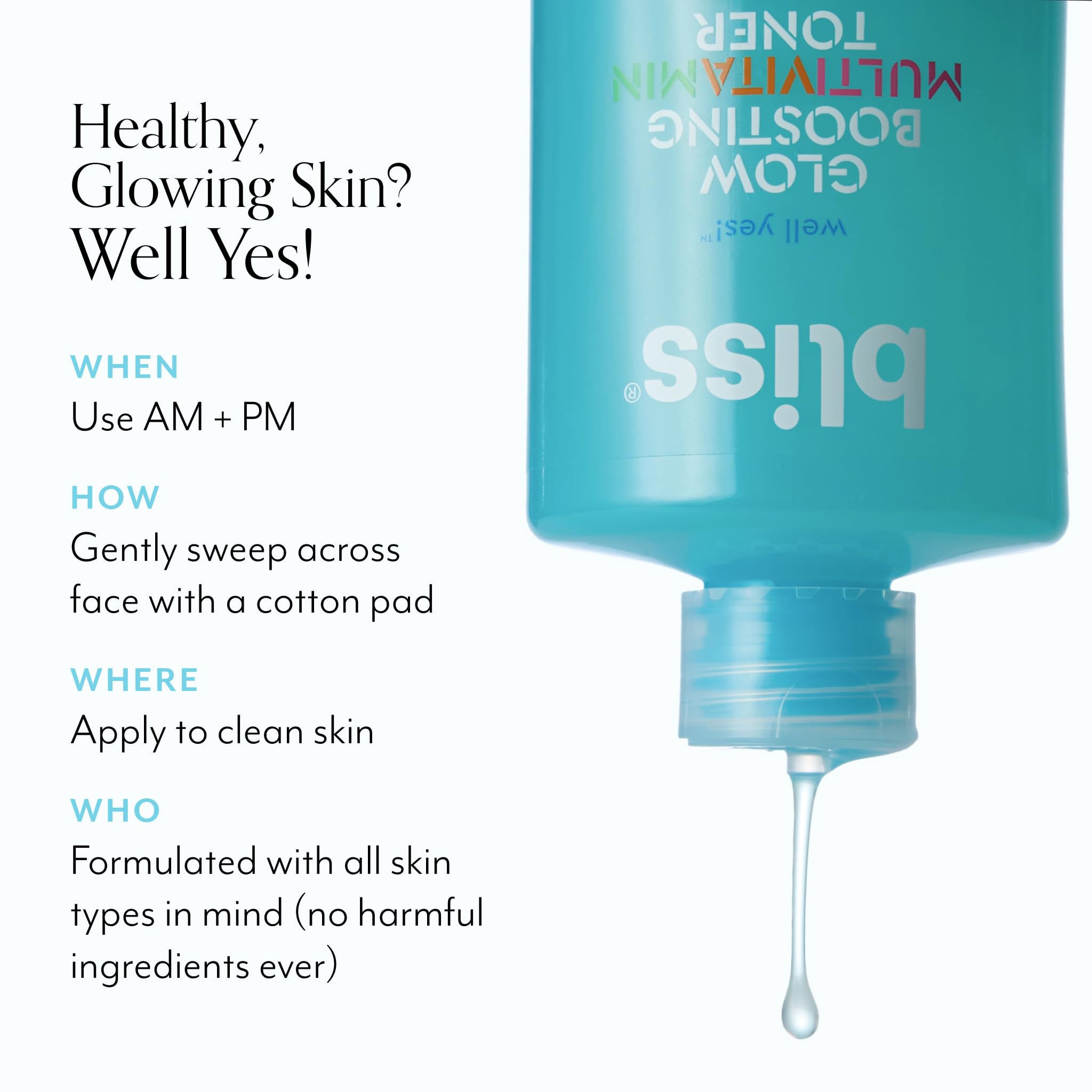 Bliss Well Yes Toner skin close-up showing hydrated glow.