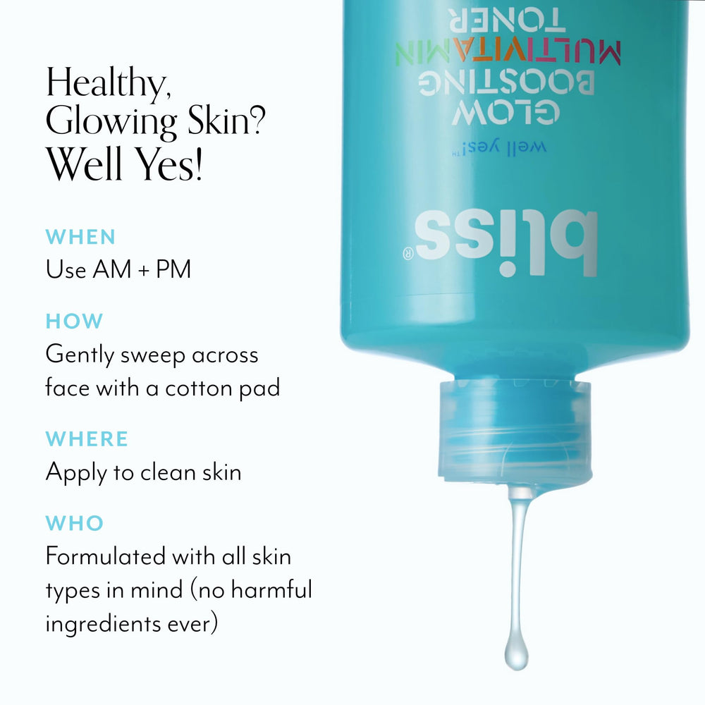 Bliss Well Yes Toner skin close-up showing hydrated glow.