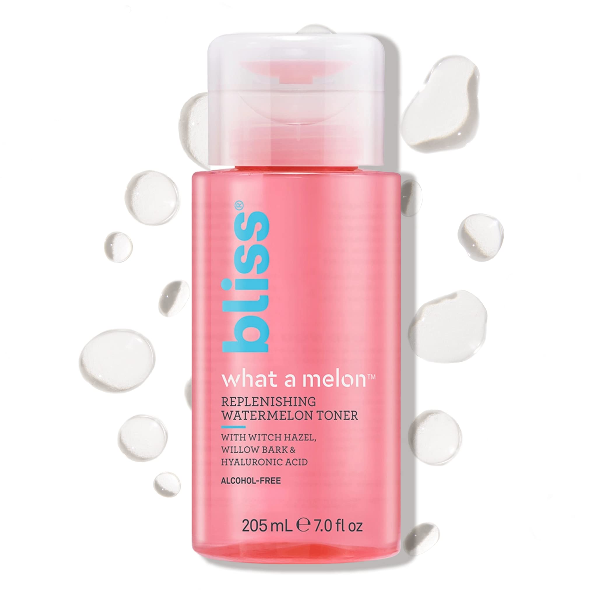Bliss What a Melon toner bottle displaying hydrating formula for daily use