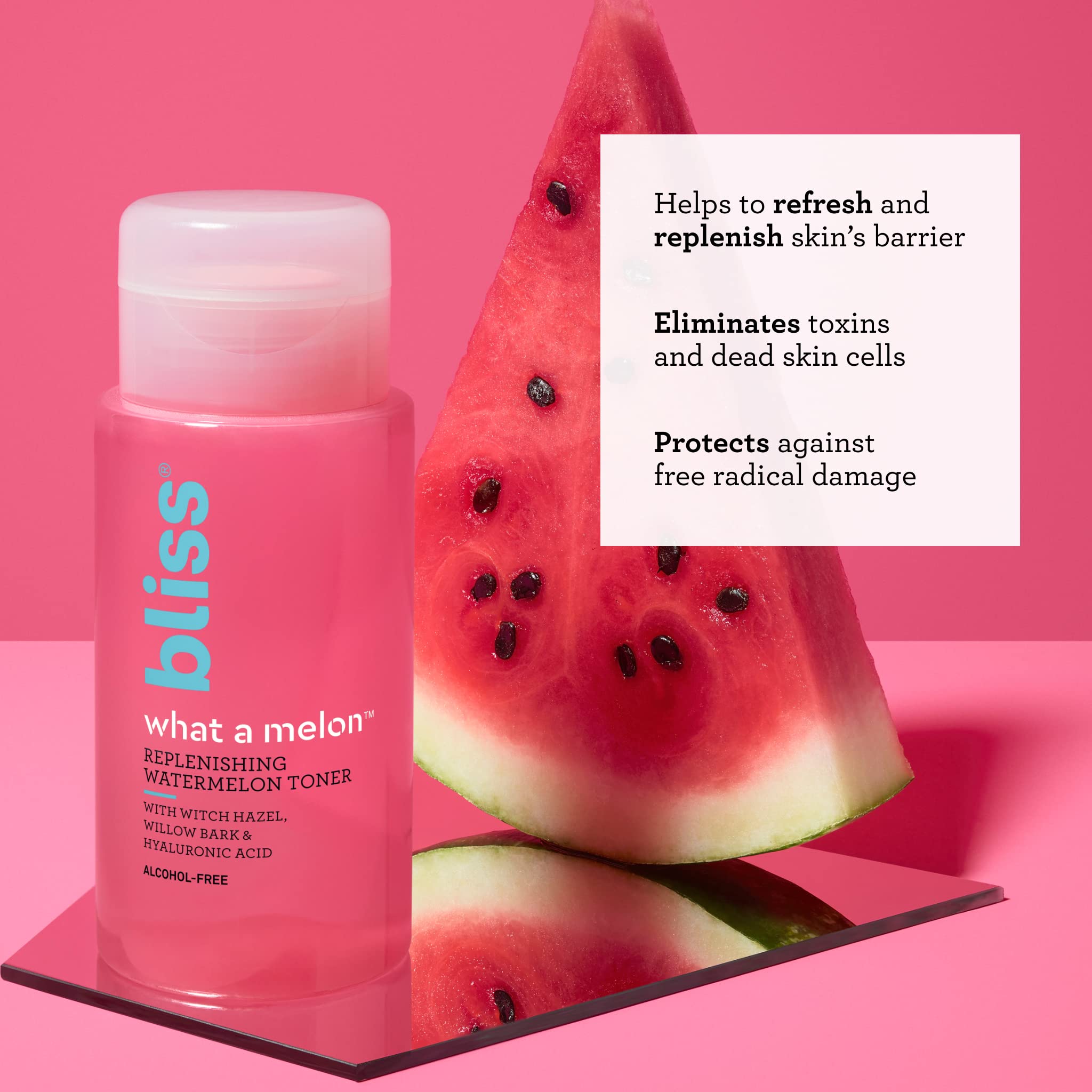Bliss What a Melon toner pump bottle designed for easy, refreshing application
