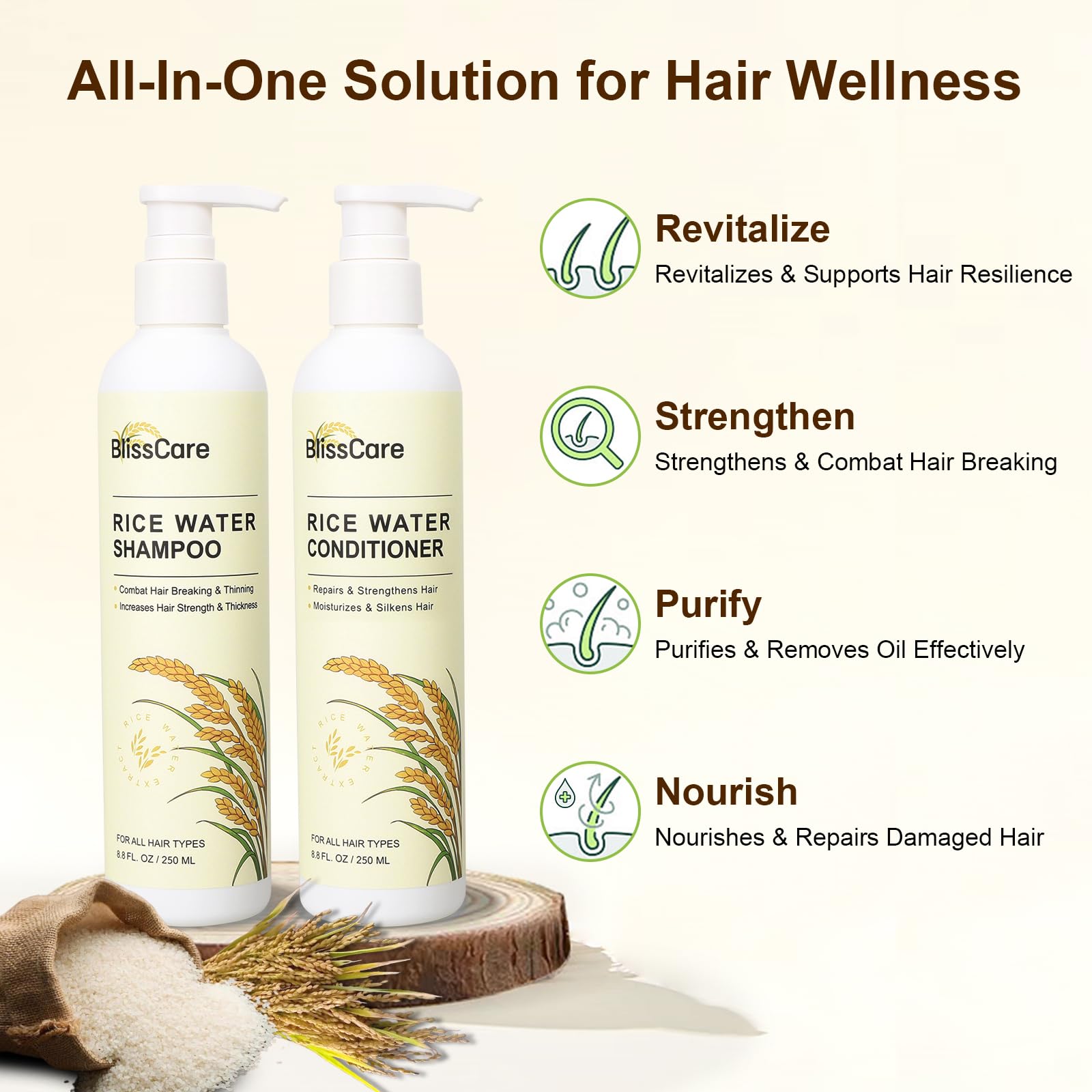 BlissCare rice water conditioner hair-smoothing application on ends for smoother look