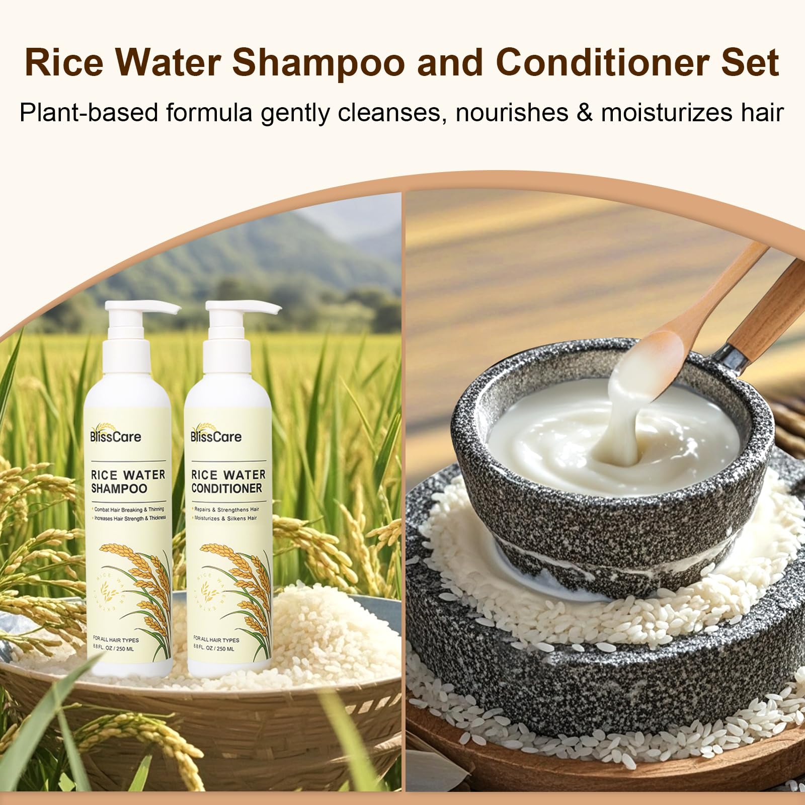 BlissCare rice water shampoo lather close-up shows lush cleansing foam