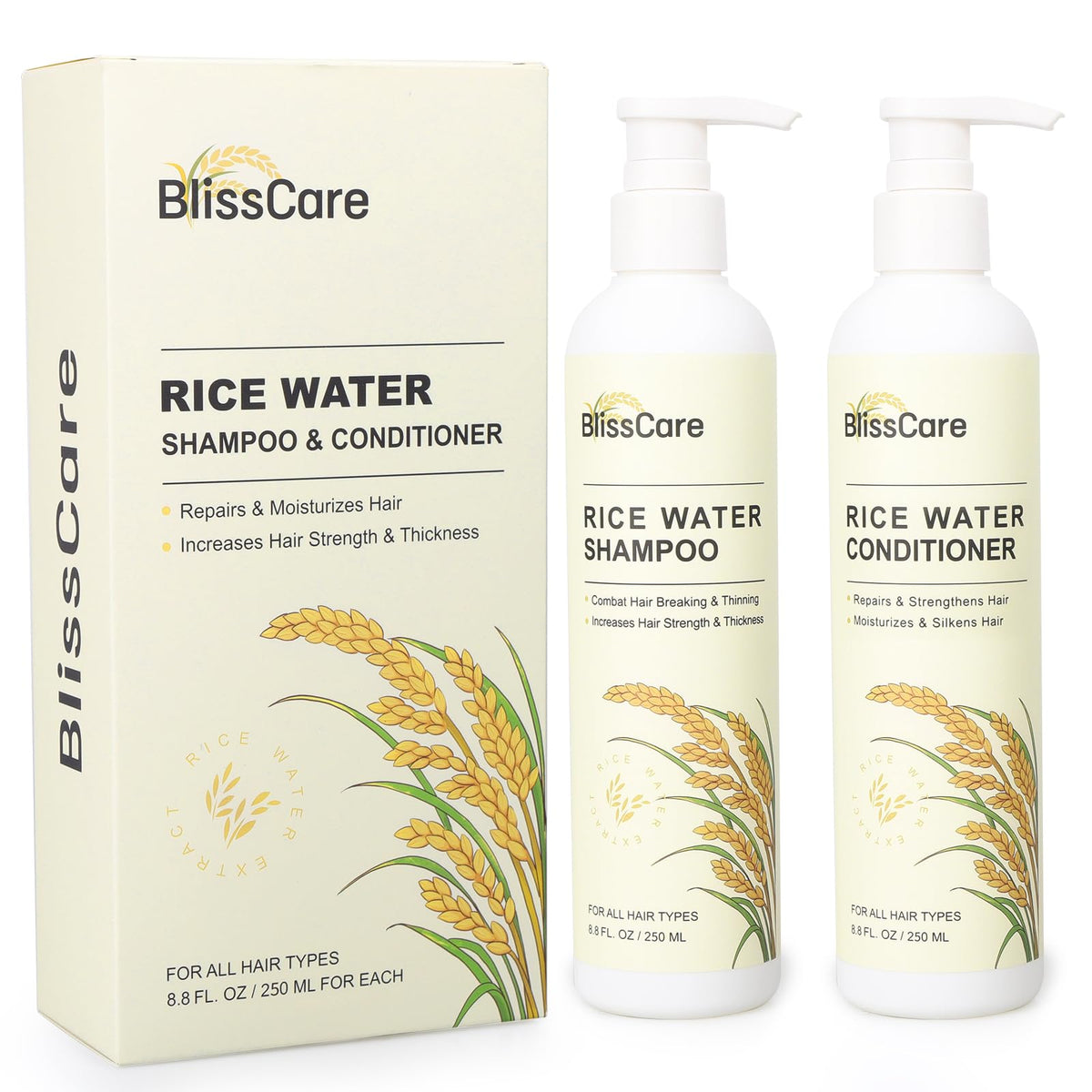 BlissCare rice water shampoo pour for gentle cleansing and scalp care