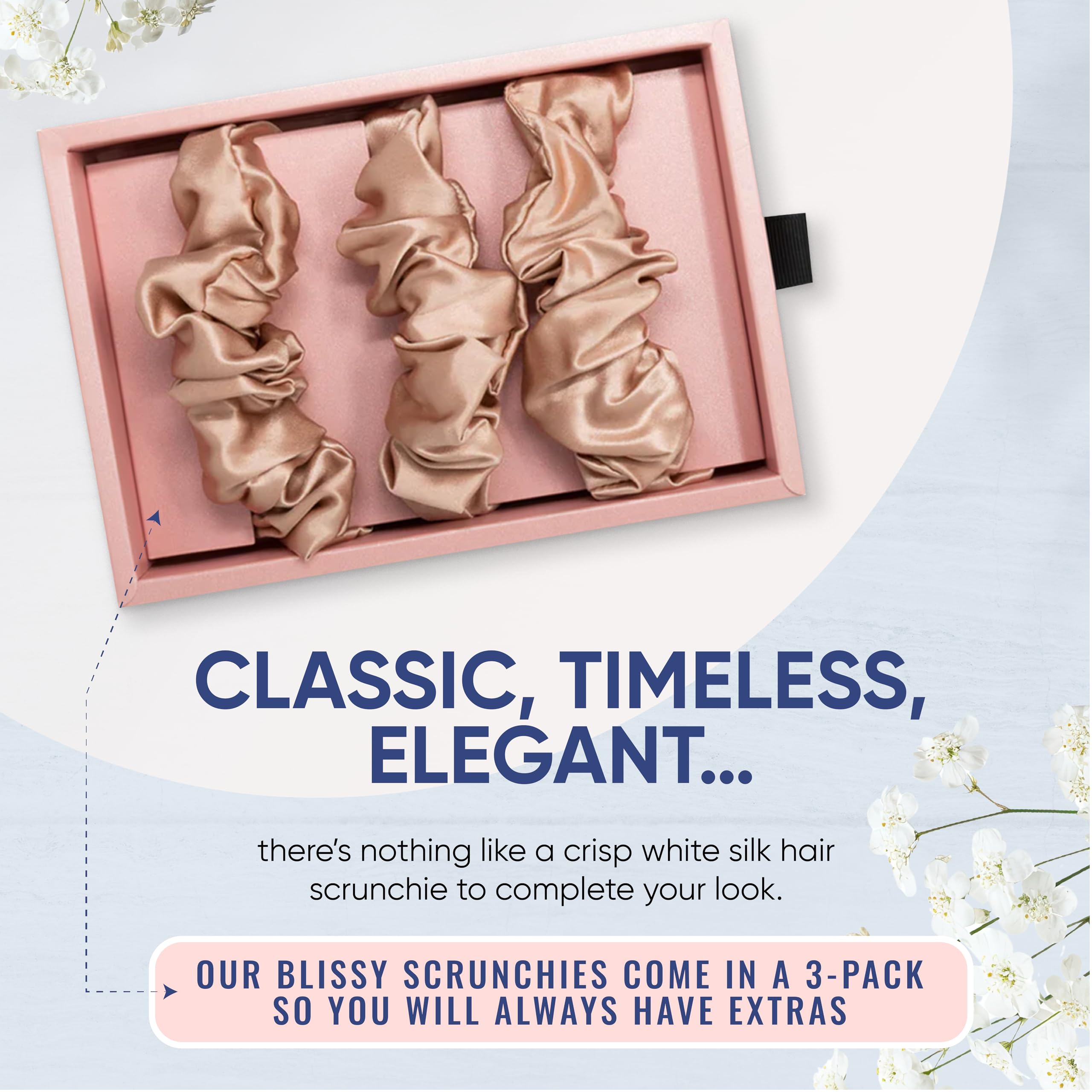 Blissy silk scrunchies rose regular on dresser highlights premium packaging