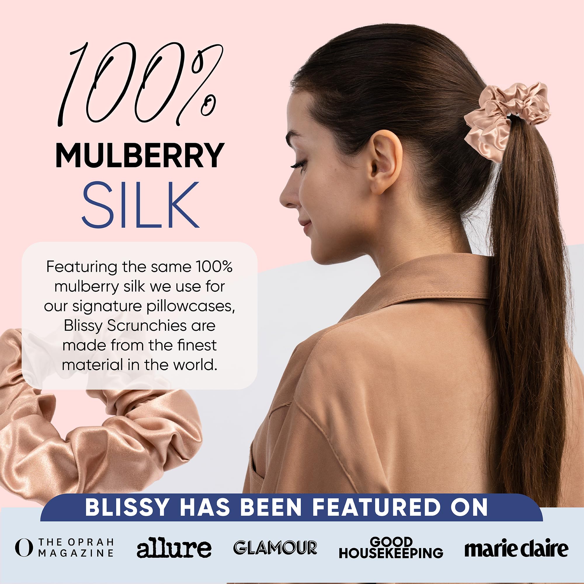 Blissy silk scrunchies rose regular worn on ponytail shows crease-free styling