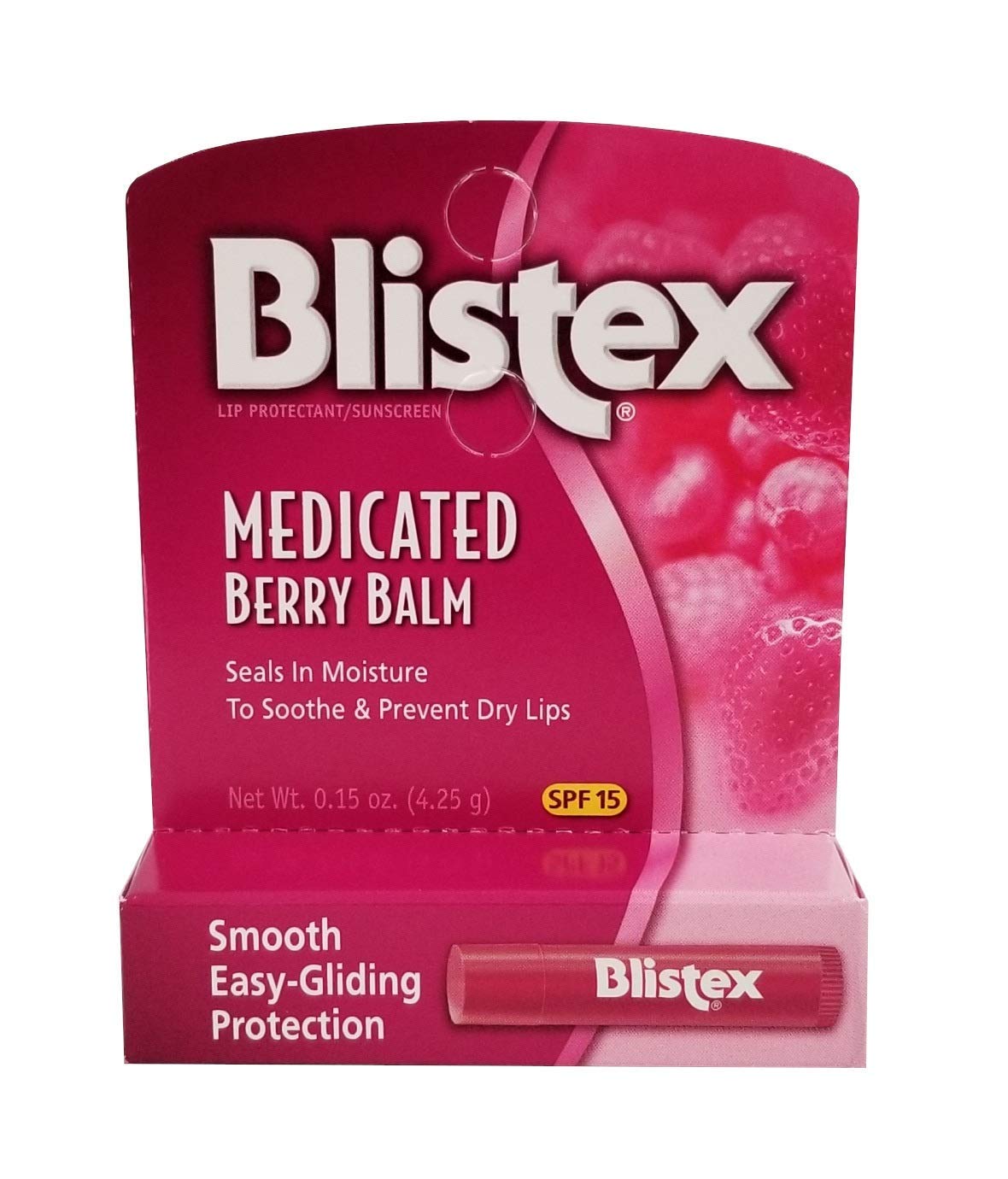 Blistex bálsamo labial medicado SPF 15 sabor frambuesa para confort, hidratación y protección.