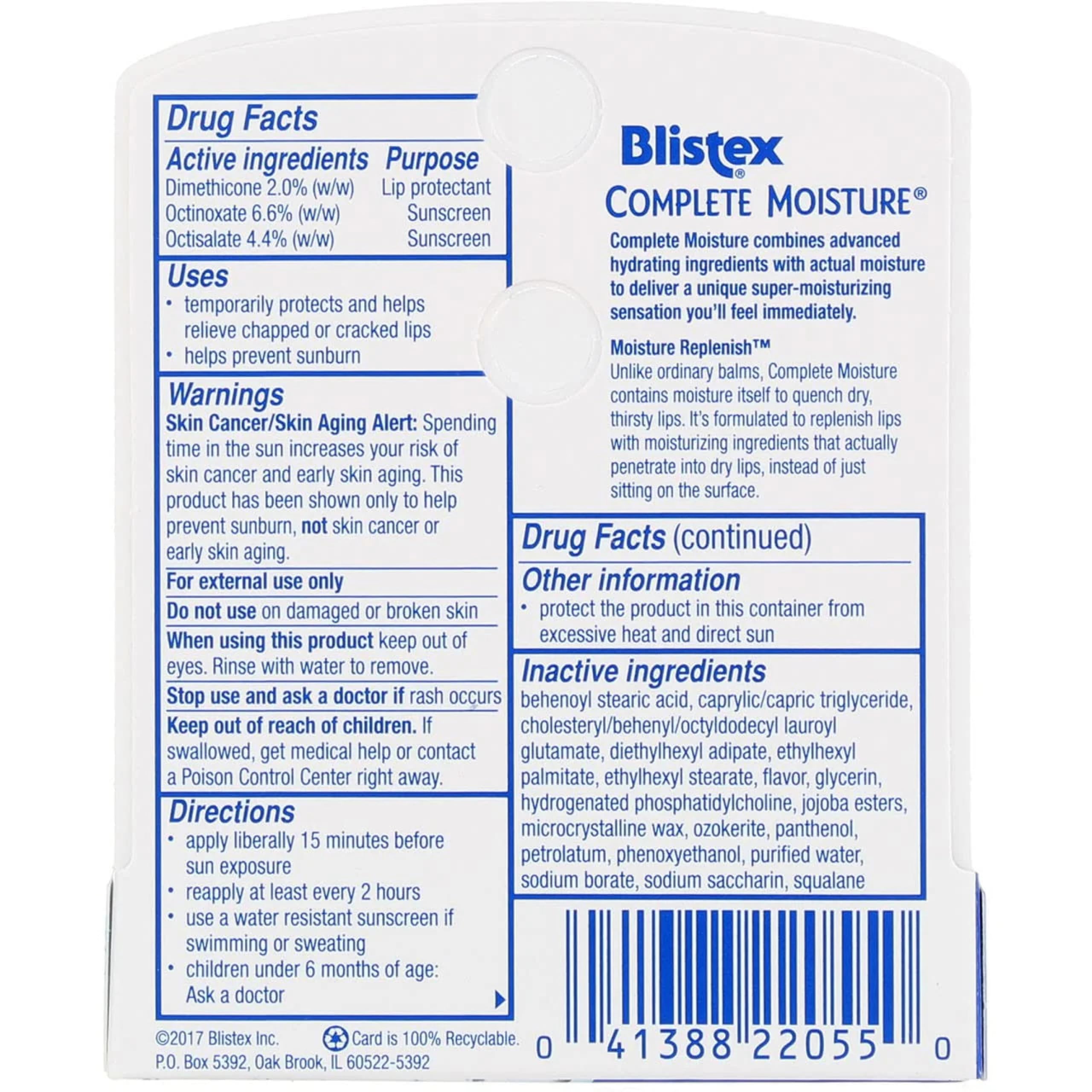Blistex Complete Moisture on dry lips close-up illustrating relief.