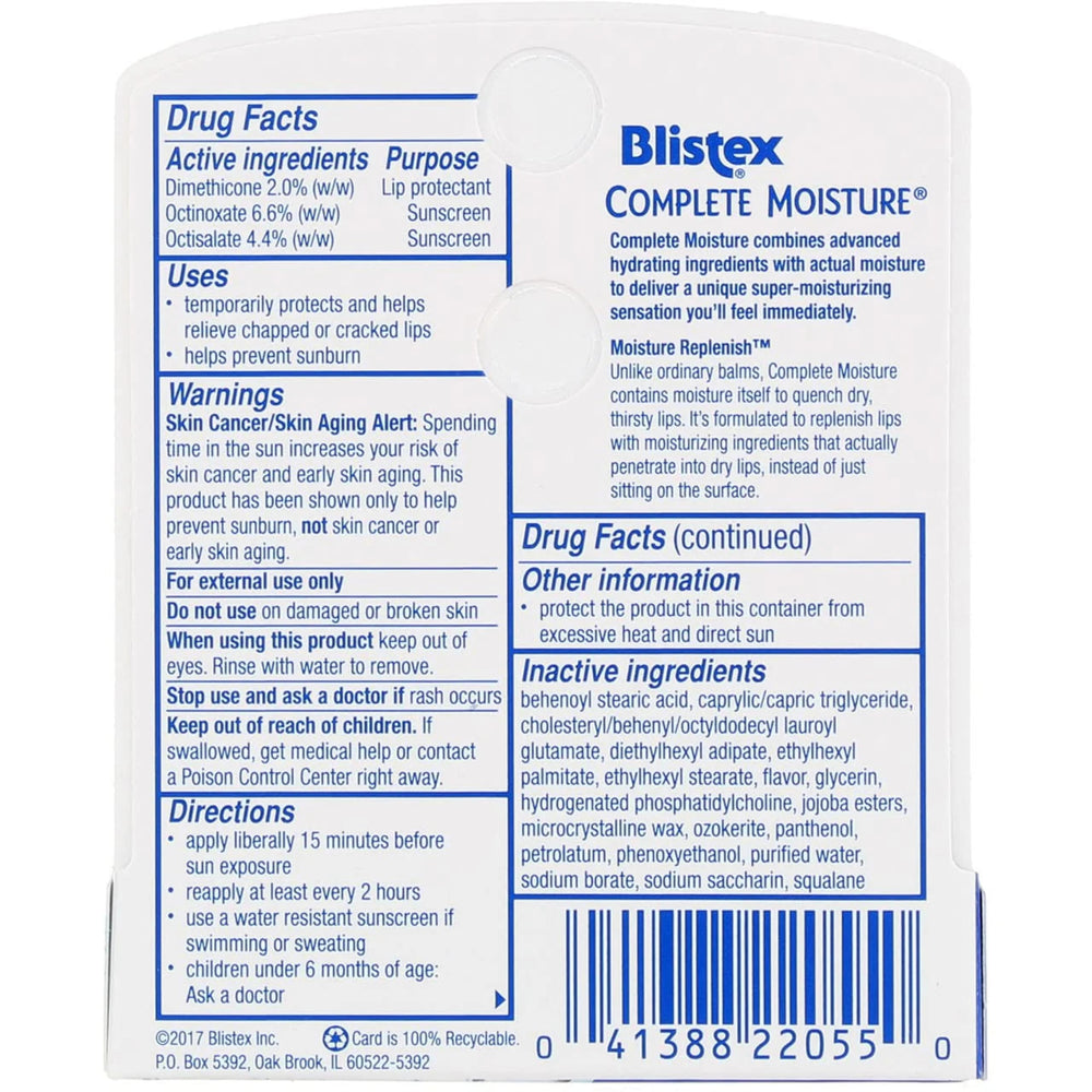 Blistex Complete Moisture on dry lips close-up illustrating relief.