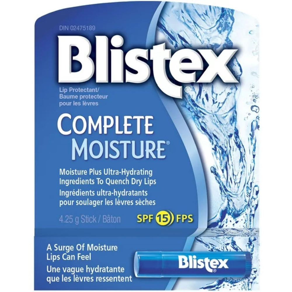 Blistex Complete Moisture lip protectant bottle close-up showing instant hydration.