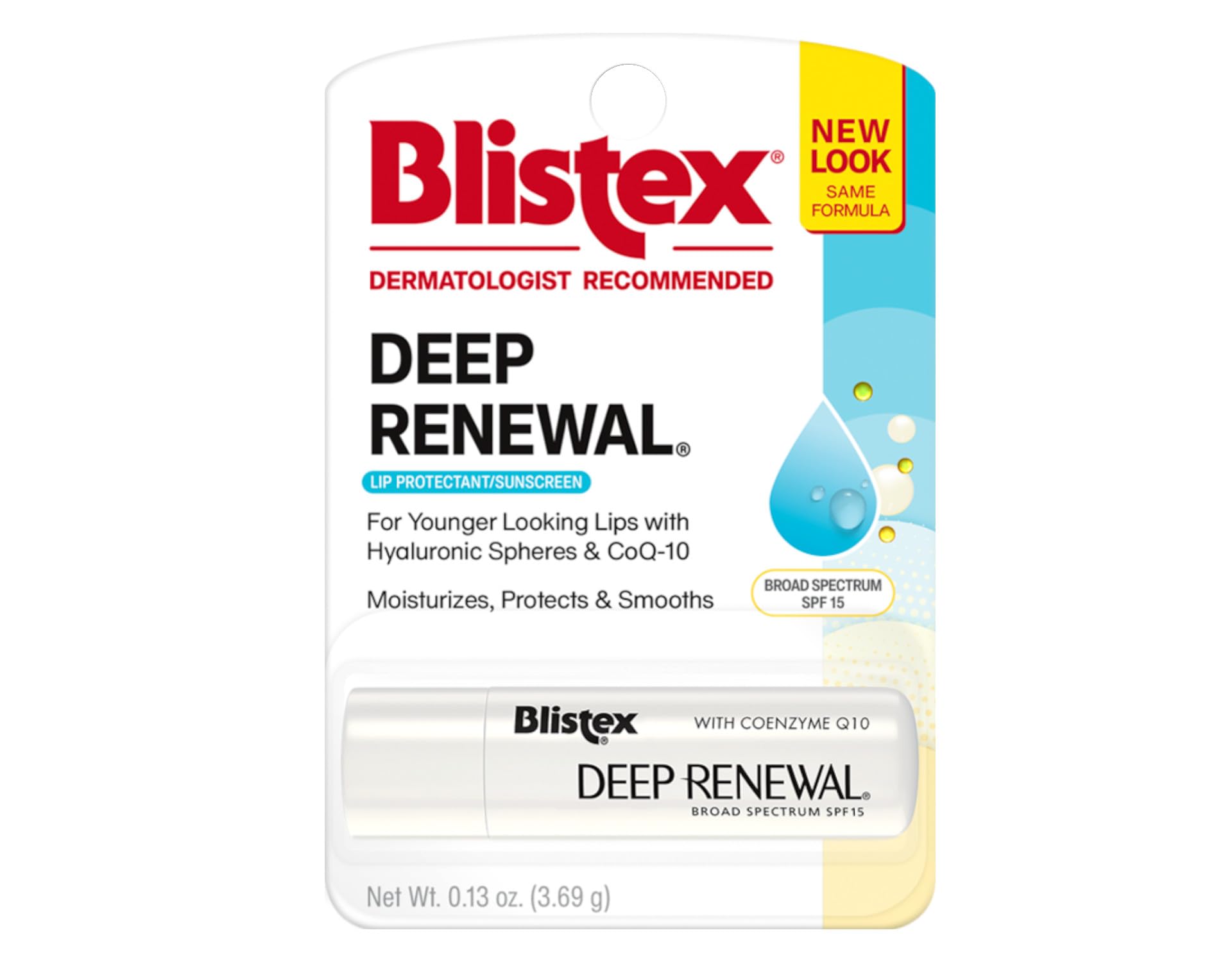 Blistex Deep Renewal lip balm close-up showing hydration for smoother lips.