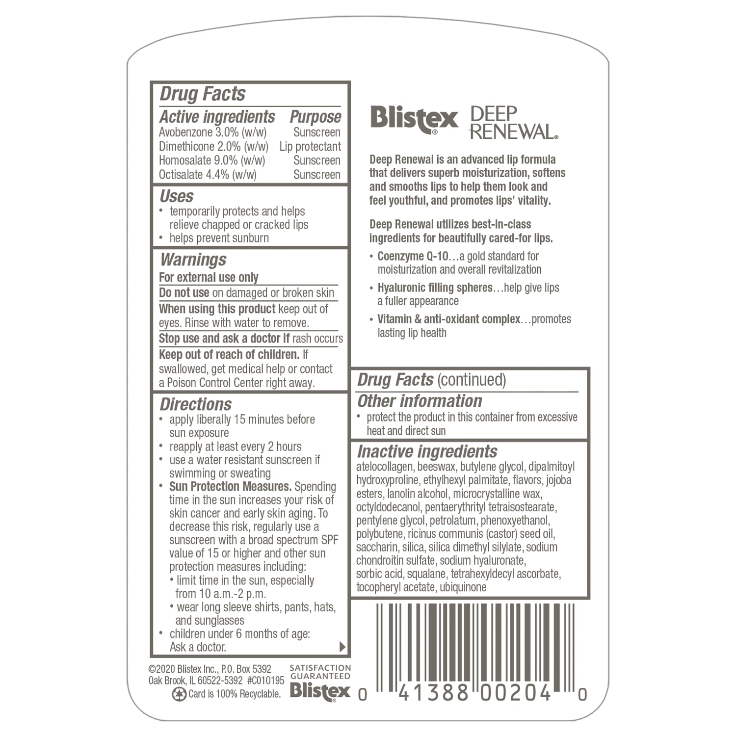Blistex Deep Renewal close-up shows CoQ10 and advanced moisturizing ingredients.
