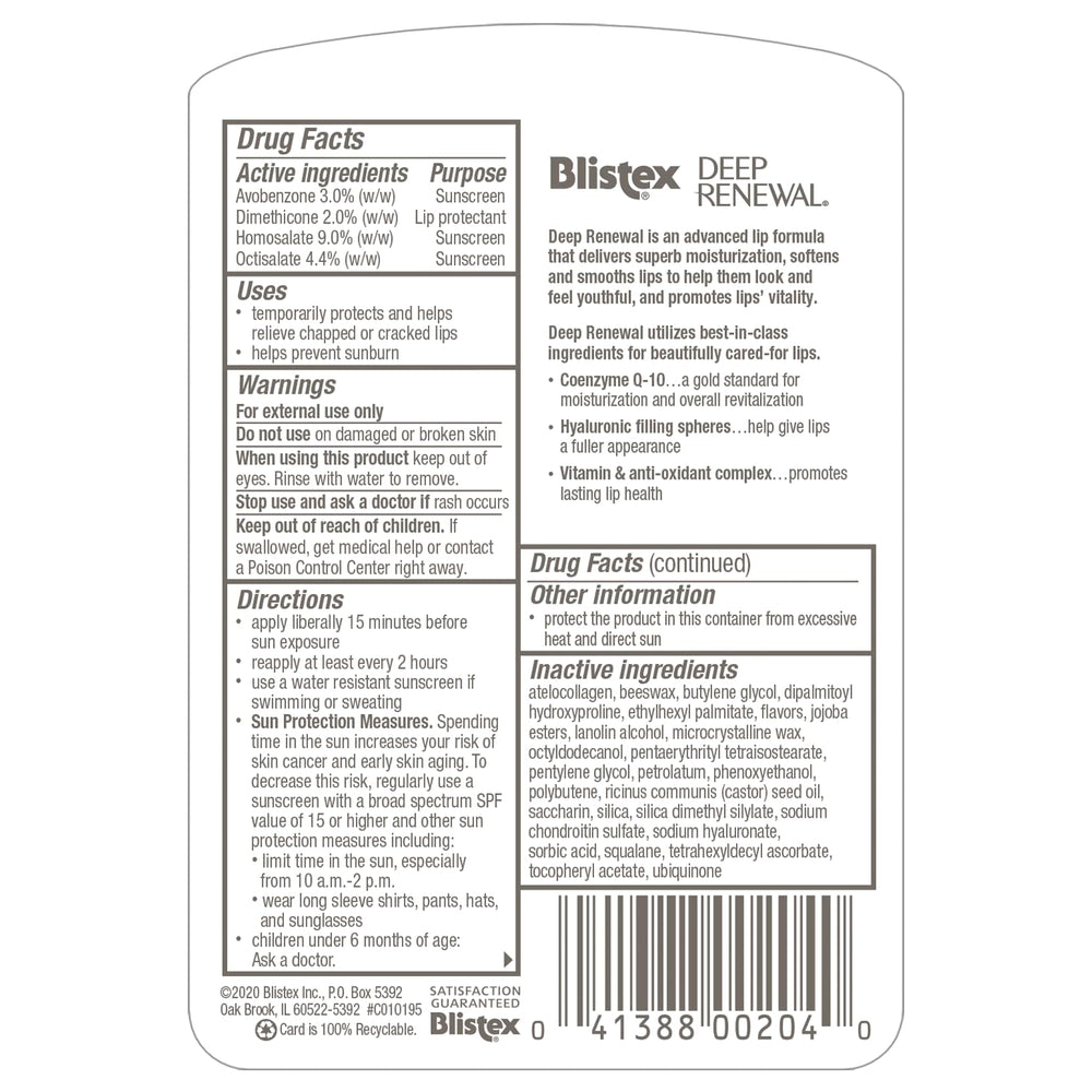 Blistex Deep Renewal close-up shows CoQ10 and advanced moisturizing ingredients.