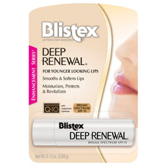 Blistex Deep Renewal lip balm tube-front image for daily lip protection.