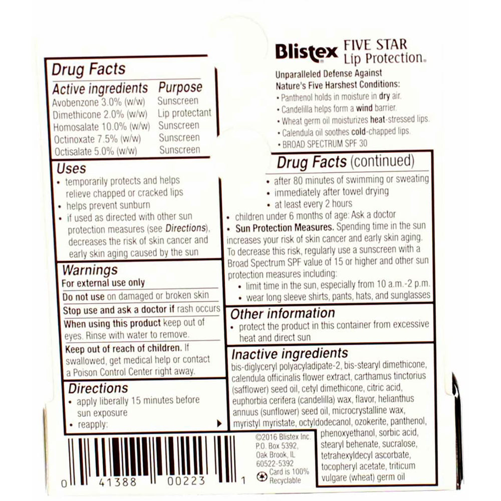 Blistex Five Star lip protection SPF 30 close-up shows creamy texture for quick relief.