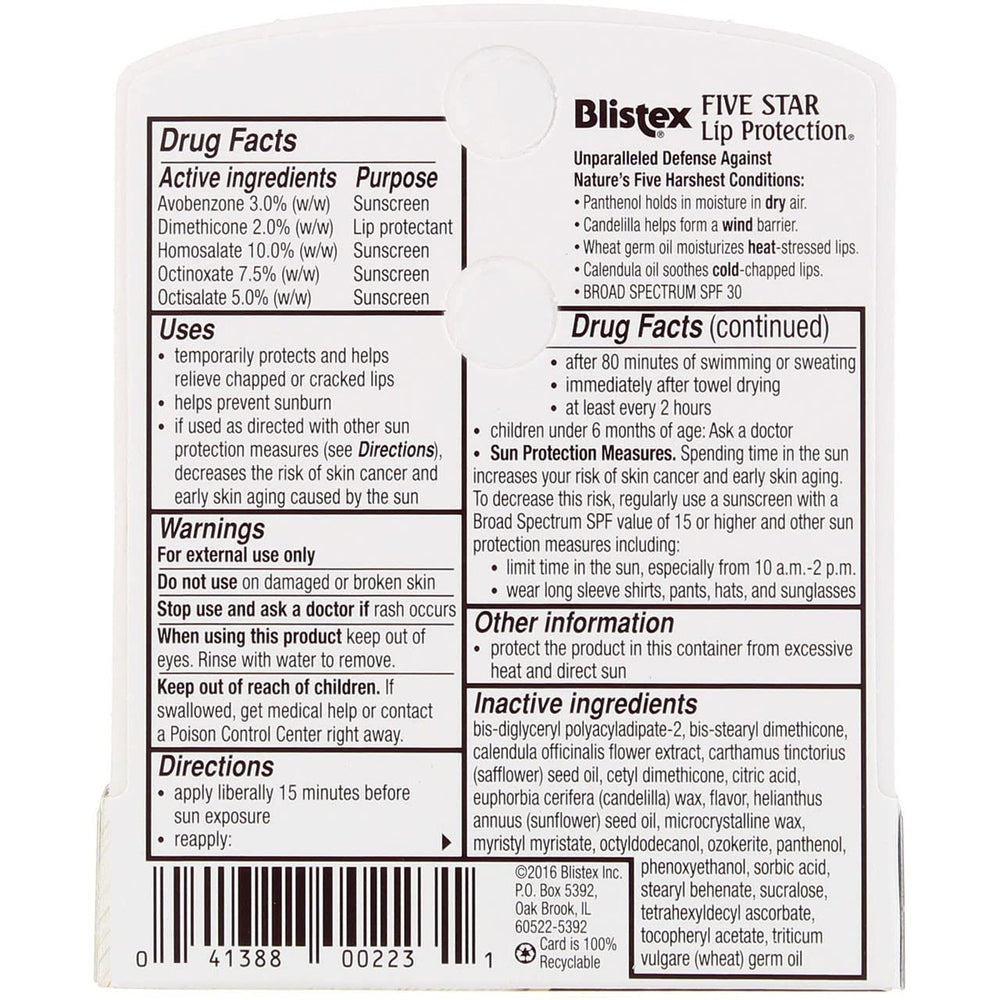 Blistex Five Star lip protection SPF 30 packaging image highlights value of a 12-pack.