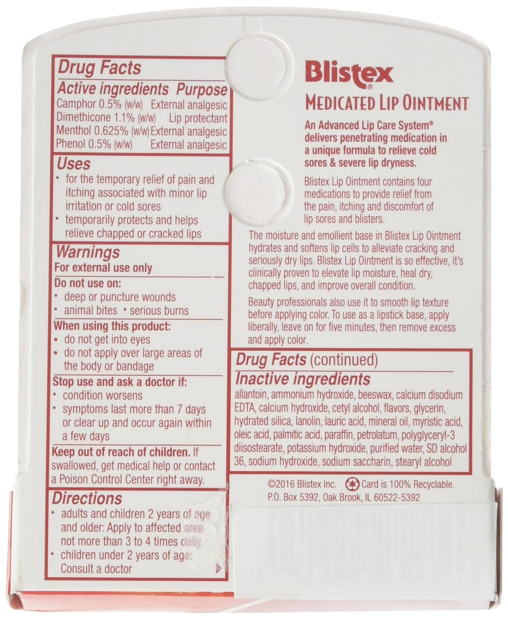 Blistex Lip Ointment tube front showing medicated lip care and relief.