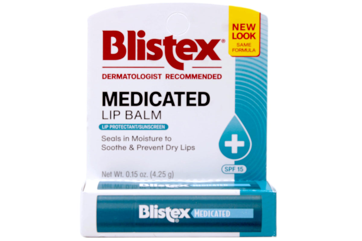 Blistex Medicated Lip Balm SPF 15 tube close-up for quick, hydrating protection.