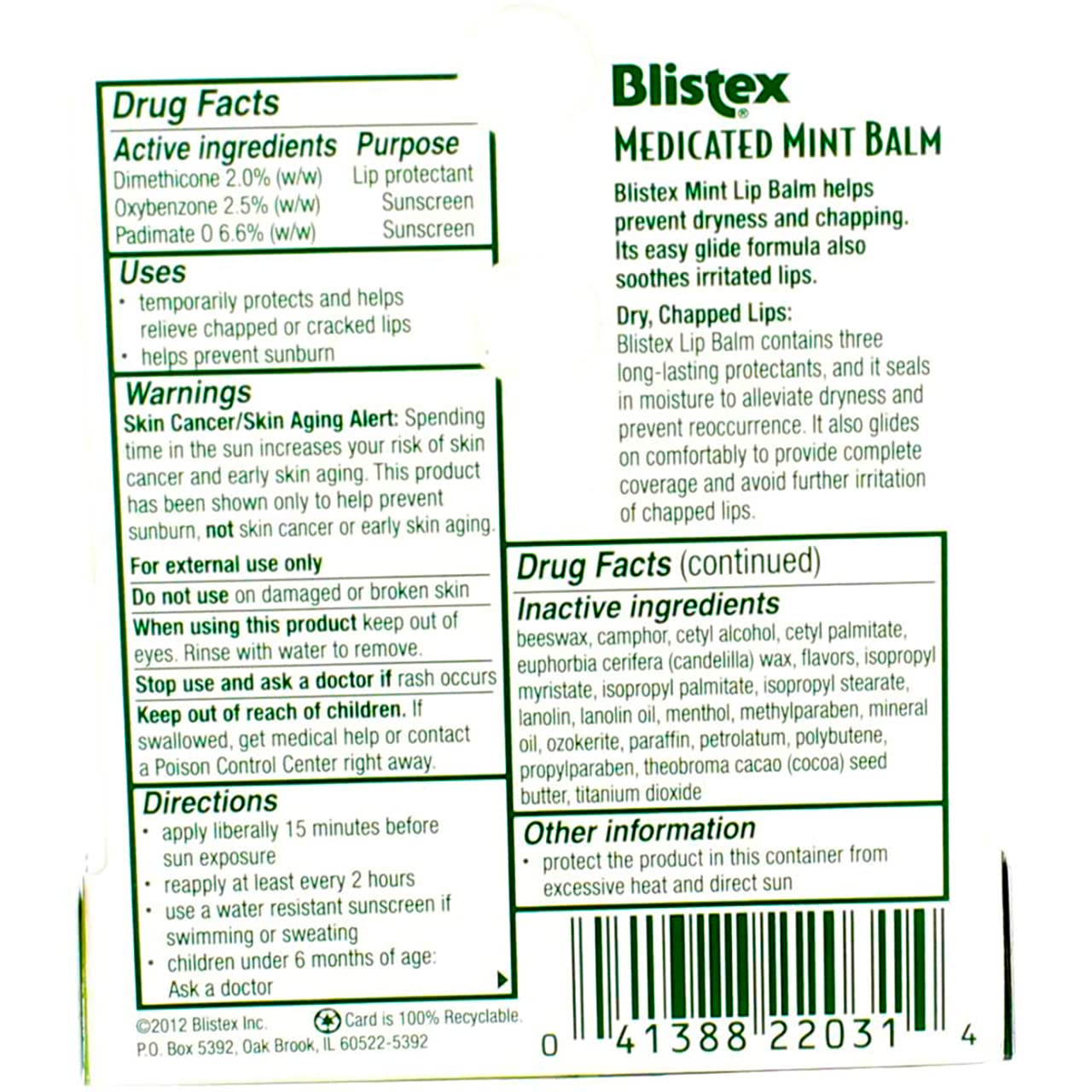 Blistex Medicated Mint Balm SPF 15 ingredients closeup reference