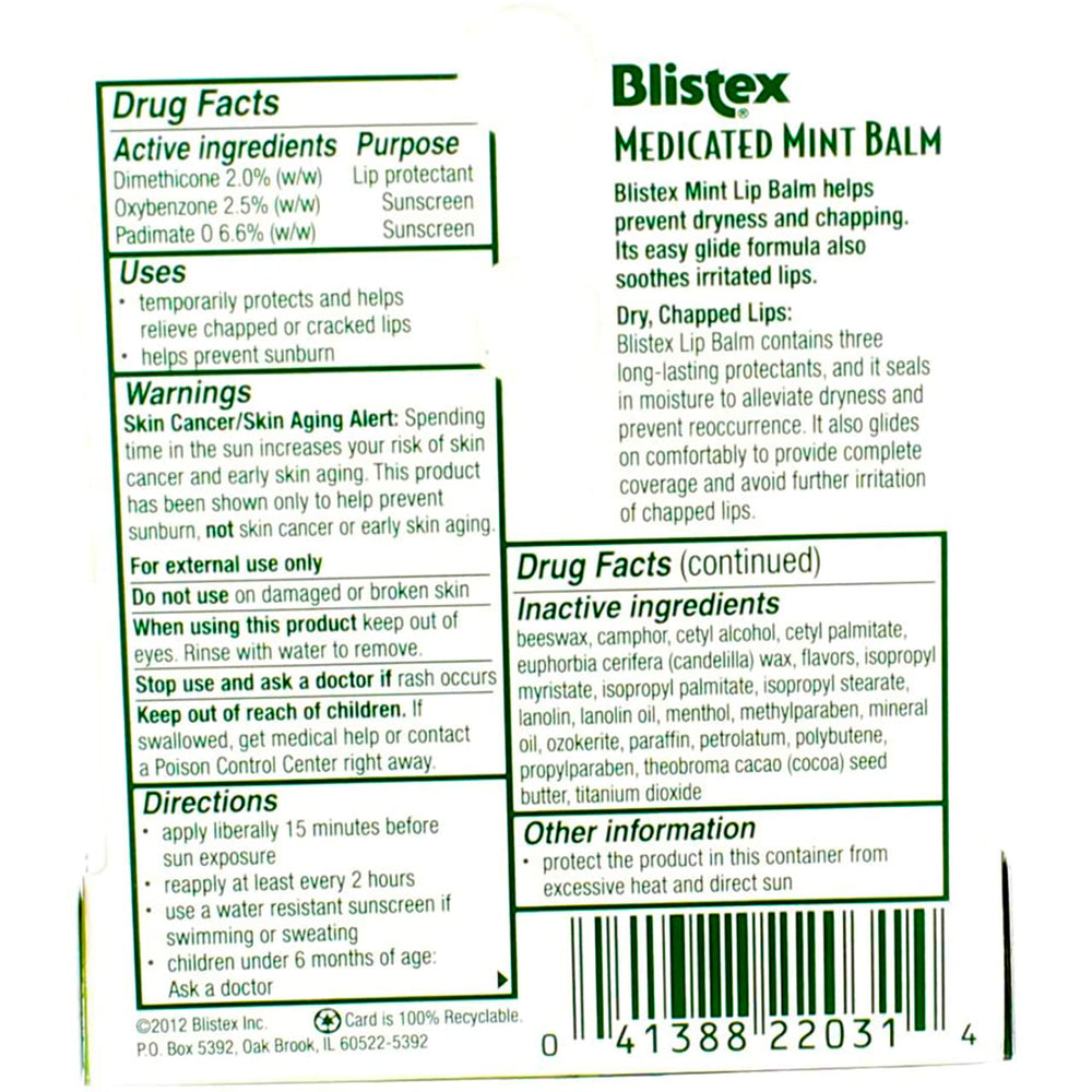 Blistex Medicated Mint Balm SPF 15 ingredients closeup reference