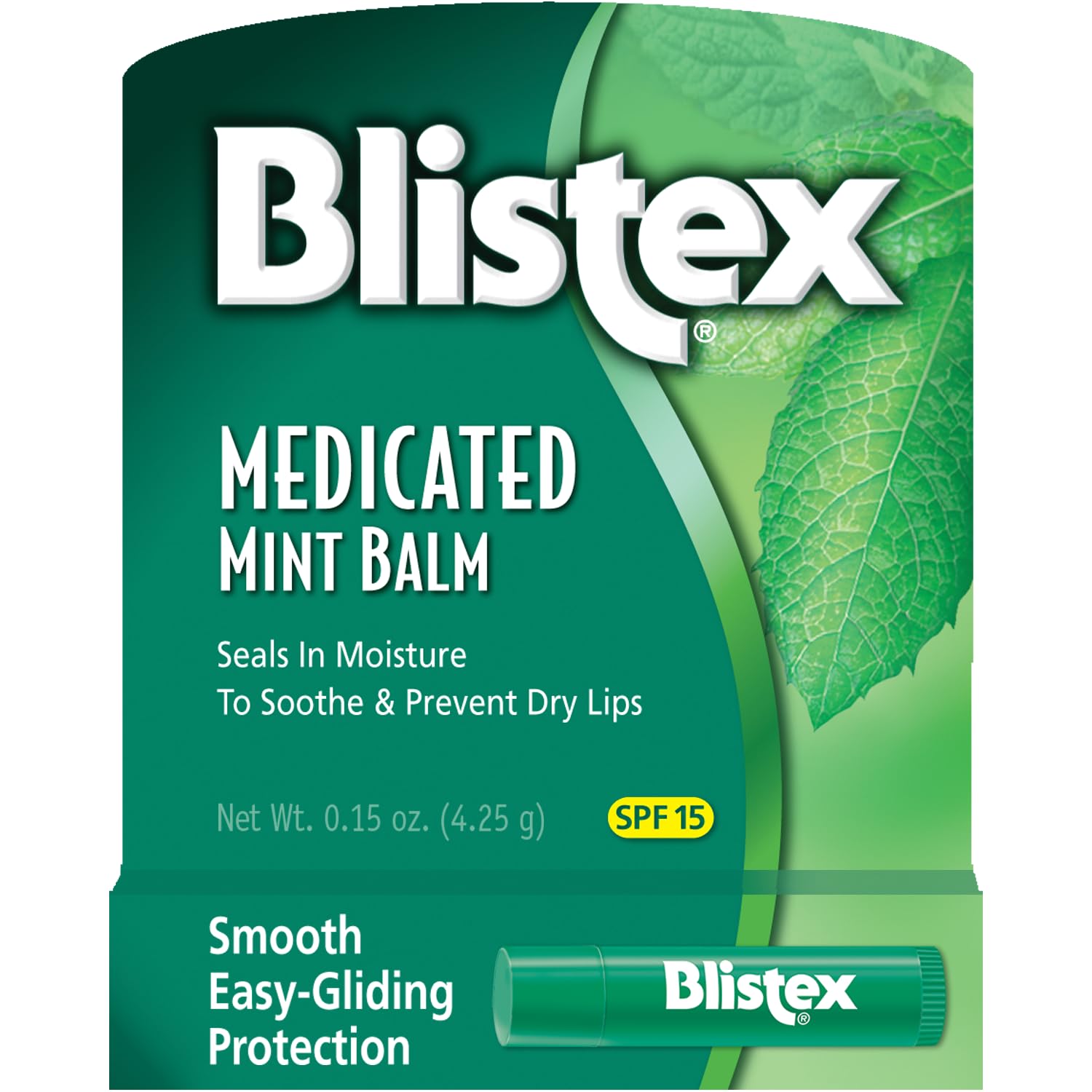 Blistex Medicated Mint Lip Balm tube delivers long-lasting moisture and SPF 15 protection.