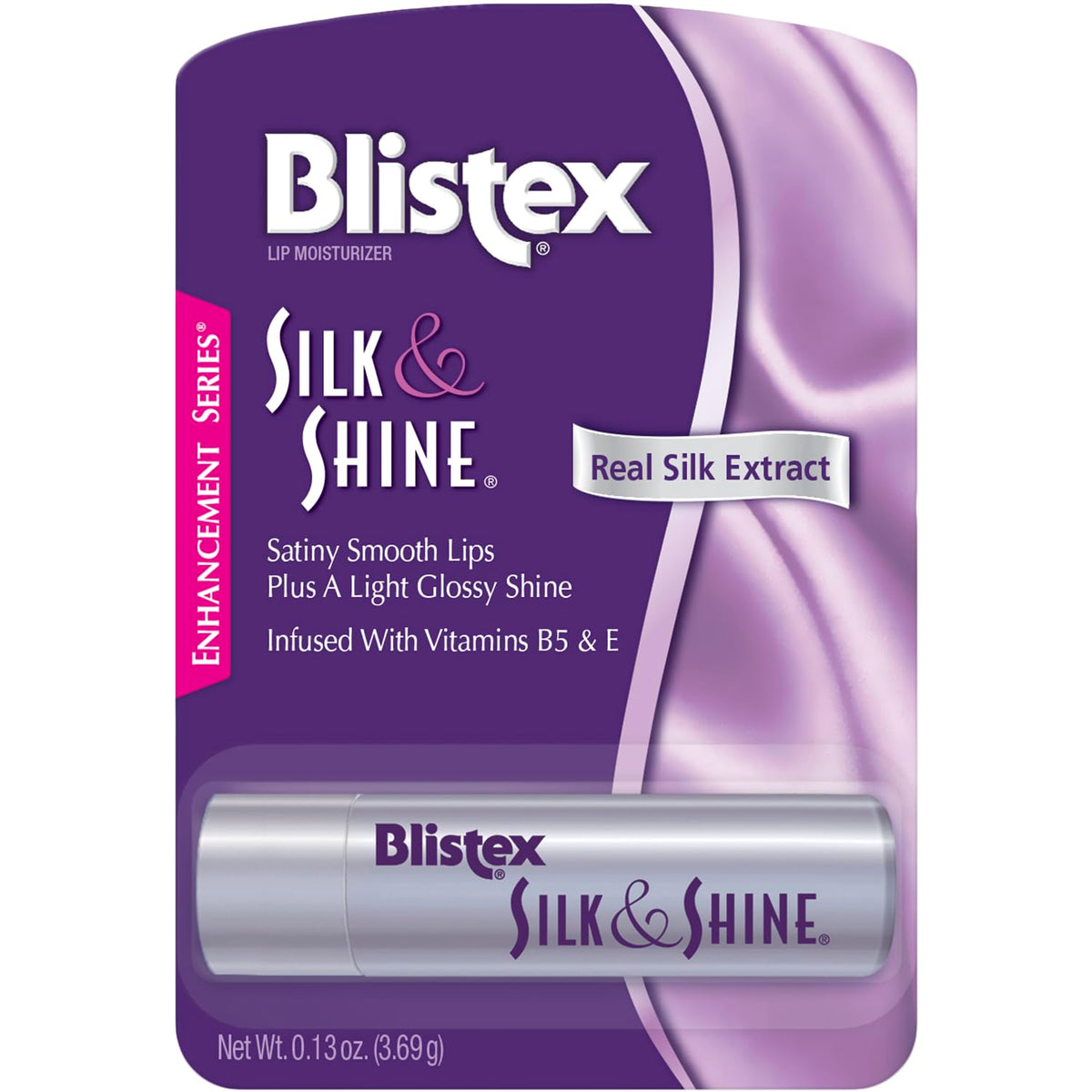Blistex Silk & Shine lip moisturizer tube close-up shows satiny smooth lips.