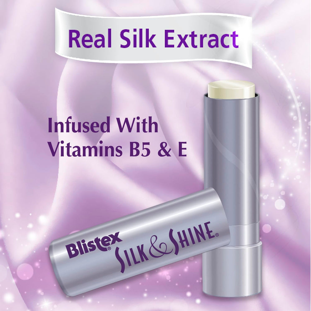 Blistex Silk & Shine bottle emphasizes vitamins B5 and E for nourishing lip care.