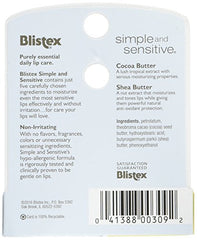 Blistex Simple and Sensitive Lip Moisturizer tube closeup highlights non-greasy, quick-absorbing formula
