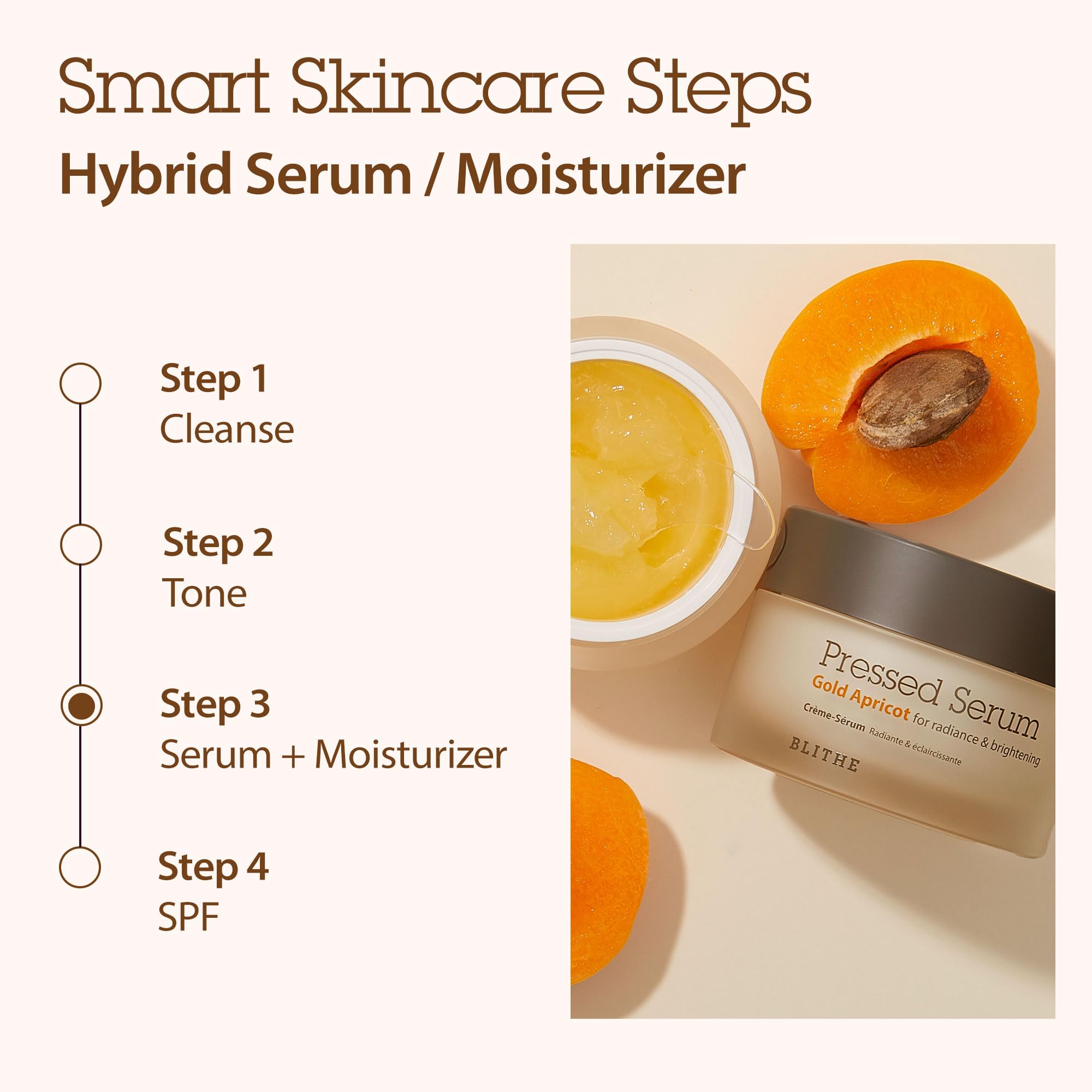 BLITHE Pressed Serum Gold Apricot label highlights cruelty-free, paraben-free formula.