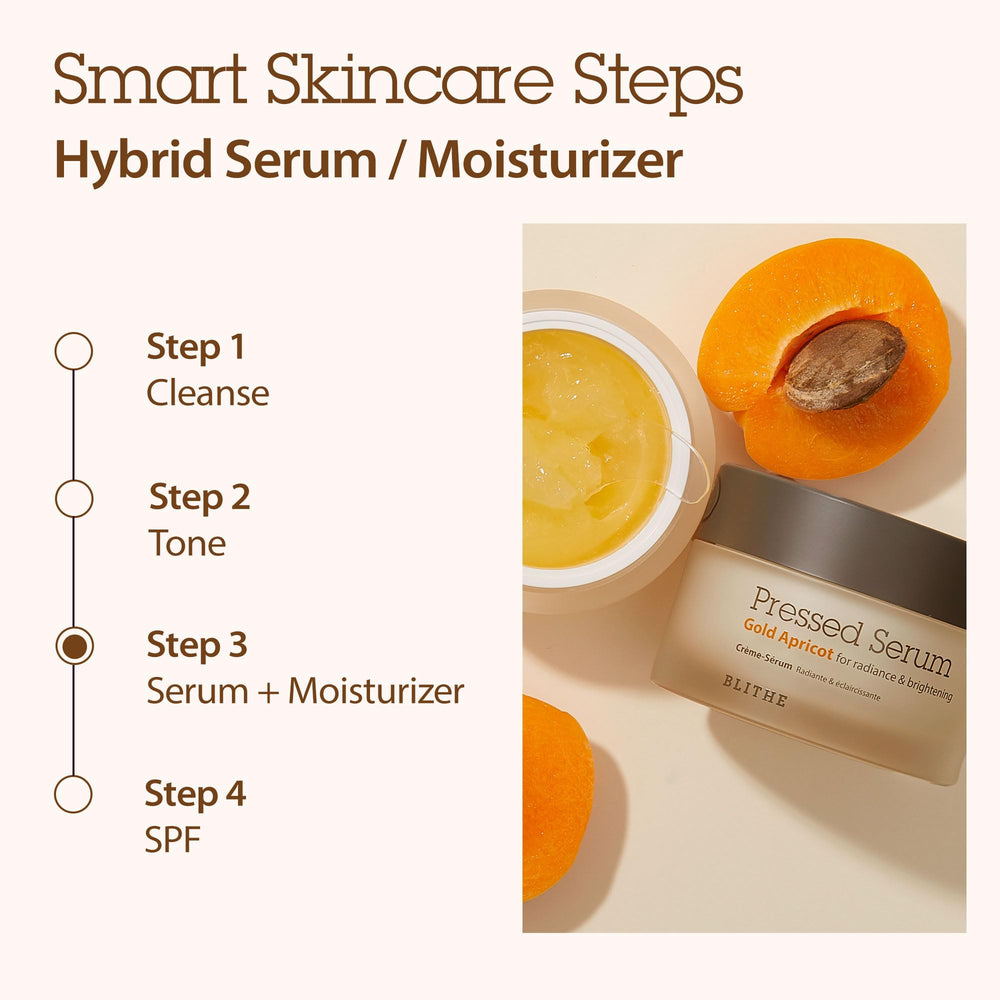 BLITHE Pressed Serum Gold Apricot label highlights cruelty-free, paraben-free formula.