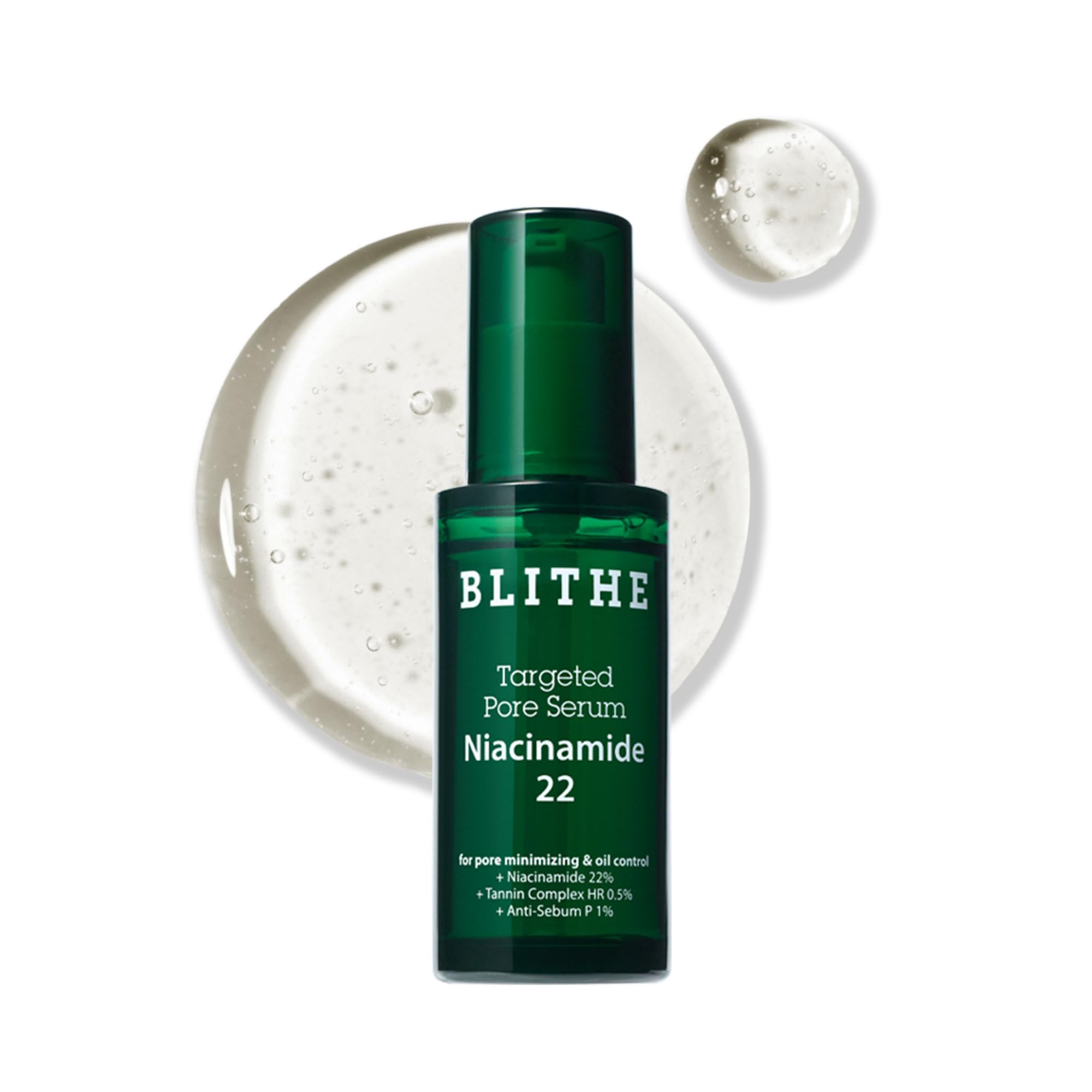 BLITHE Targeted Pore Serum bottle pump demonstrates easy application and oil-control benefits