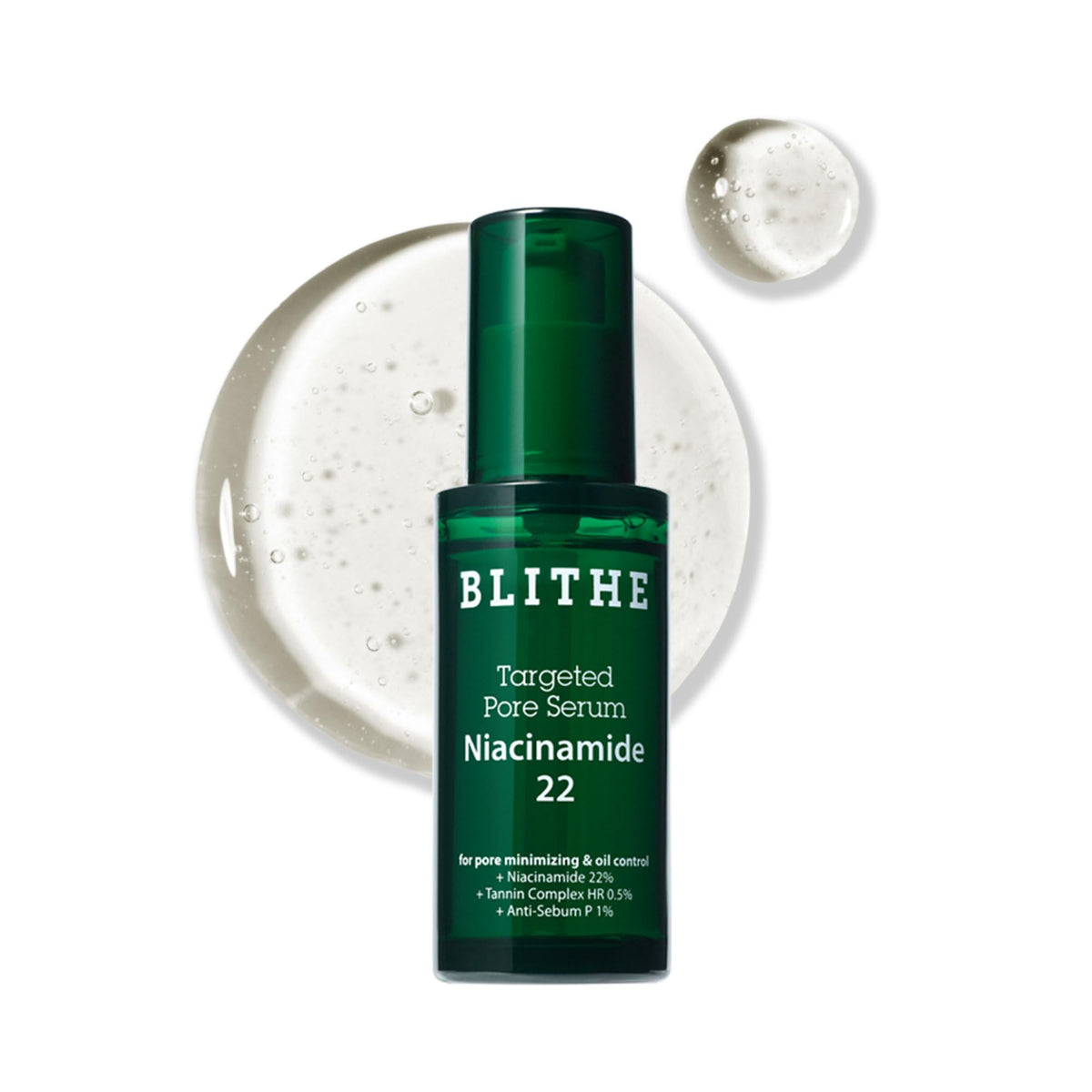 BLITHE Targeted Pore Serum bottle pump demonstrates easy application and oil-control benefits
