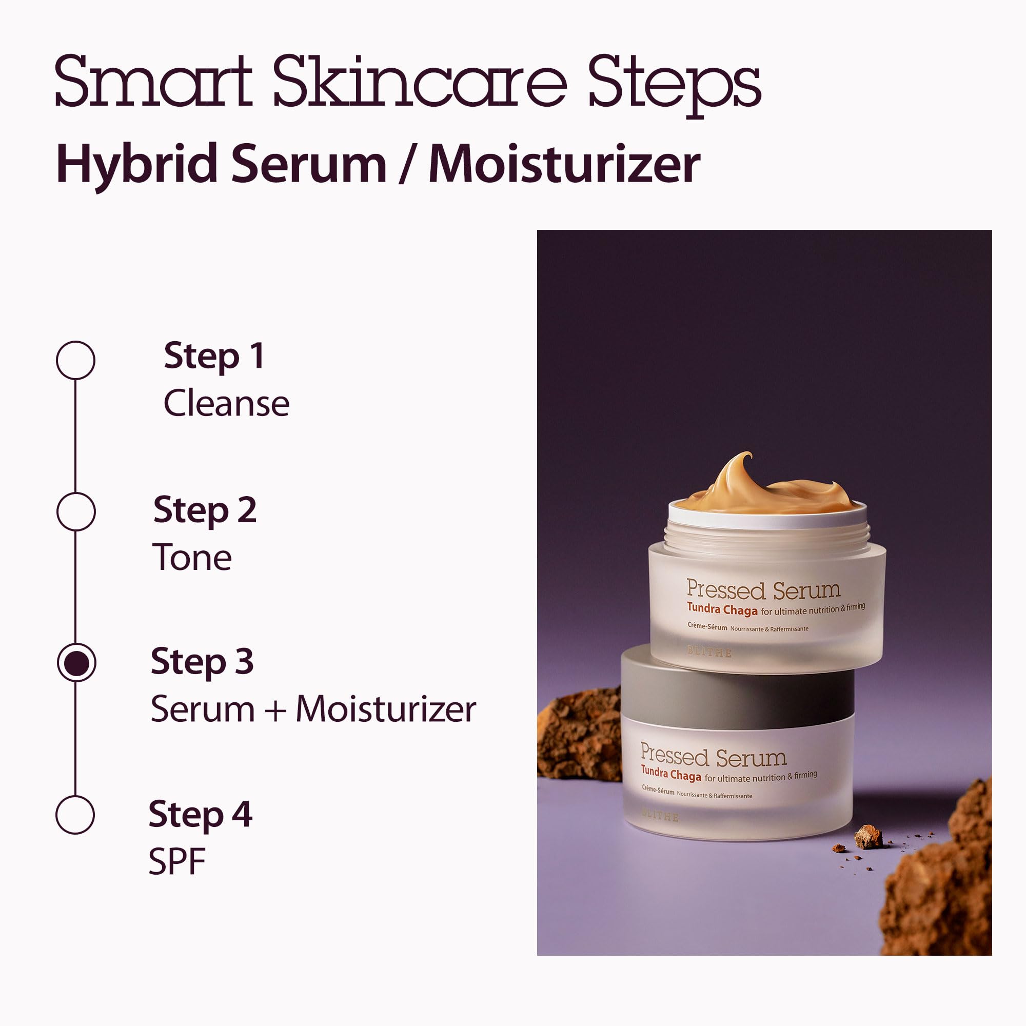 Skin glow after using BLITHE pressed serum Tundra Chaga