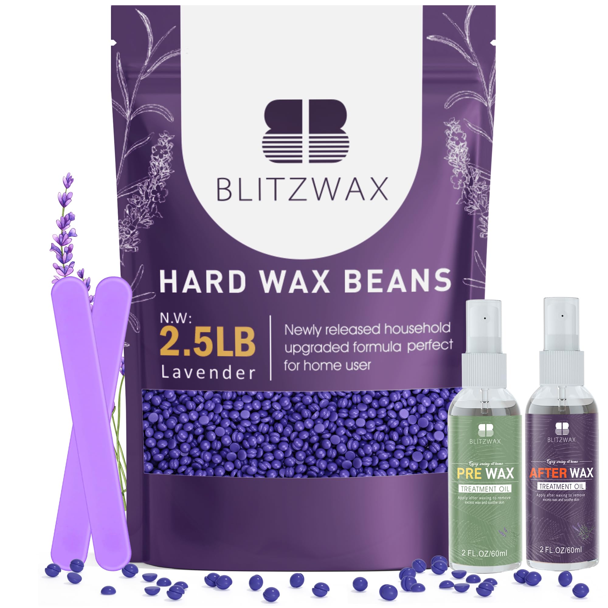 BLITZWAX lavender hard wax beads in a 2.5lb bag for at-home waxing.