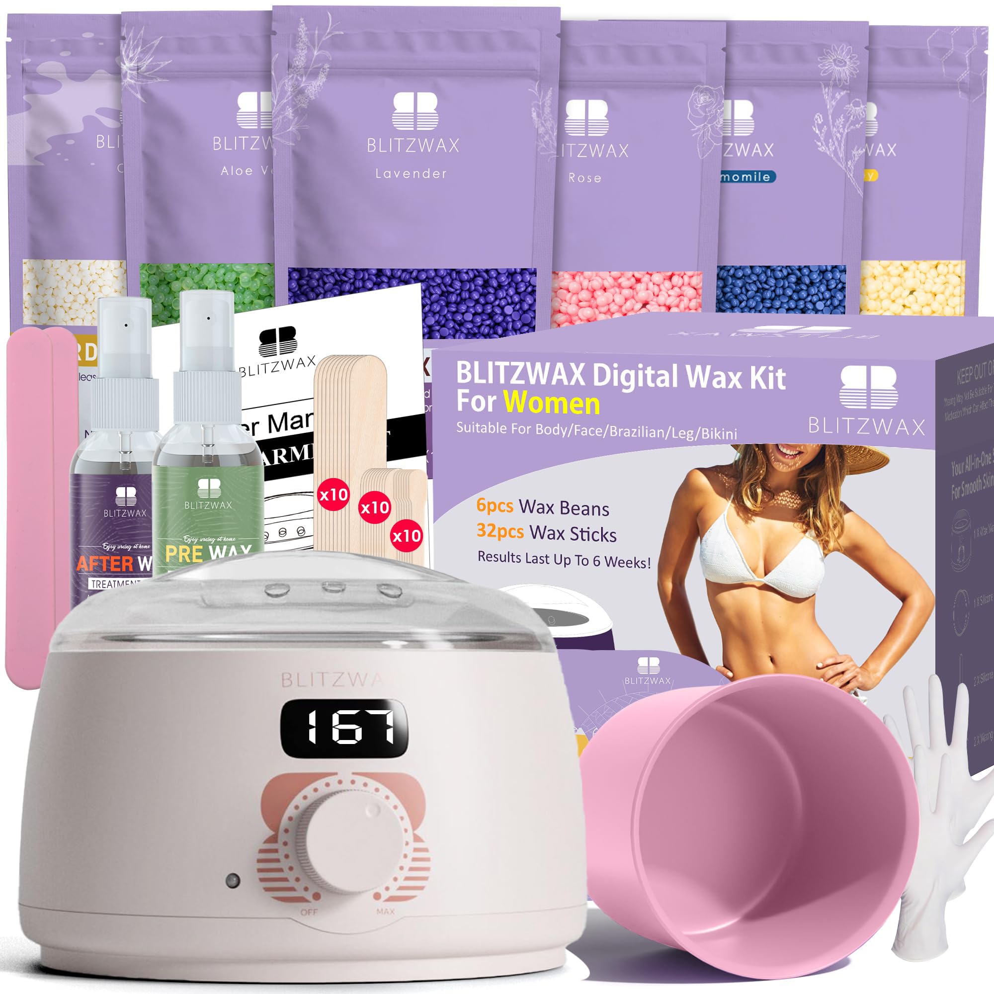 BLITZWAX Brazilian bikini waxing kit front view for at-home hair removal
