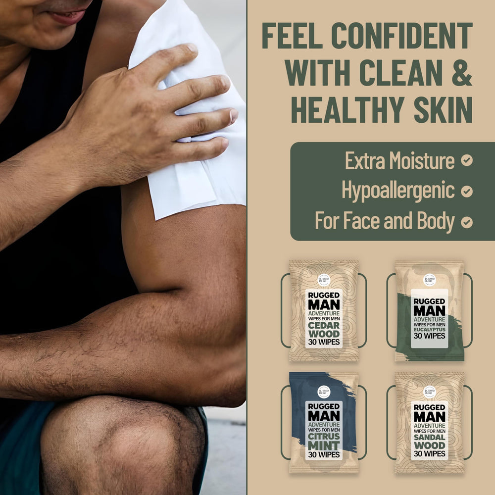 BLKSMITH Refined Man Wipes cedarwood eucalyptus close-up for natural cleansing.