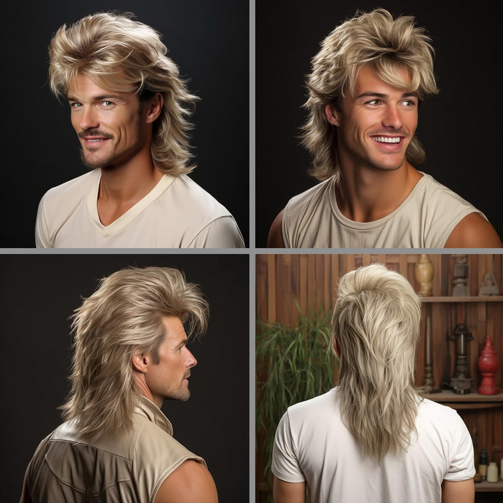 Blonde Mullet Wig side view reveals long 50cm silhouette for bold looks