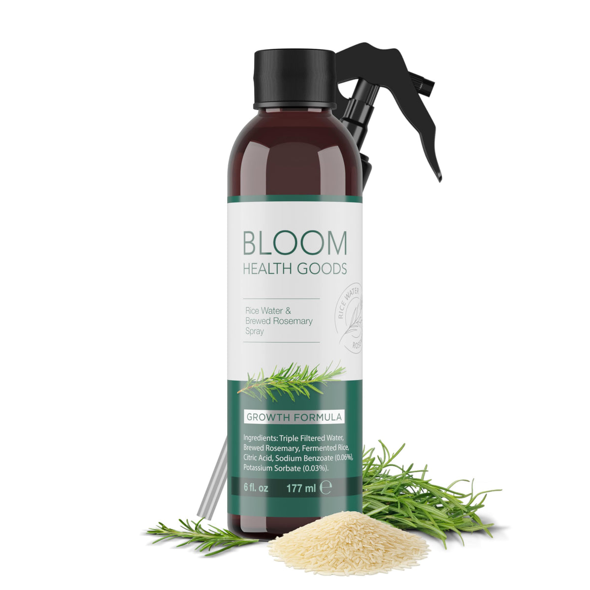 BLOOM HEALTH GOODS rosemary rice water spray bottle for easy scalp application.