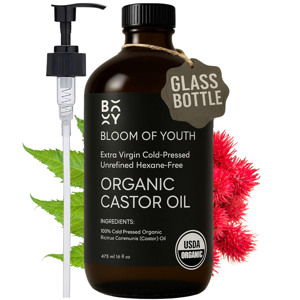 Bloom of Youth castor oil in amber bottle nourishes skin and hair