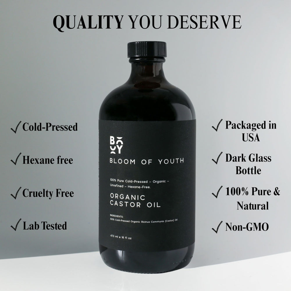 Bloom of Youth castor oil bottle shows USA-made quality and amber protection