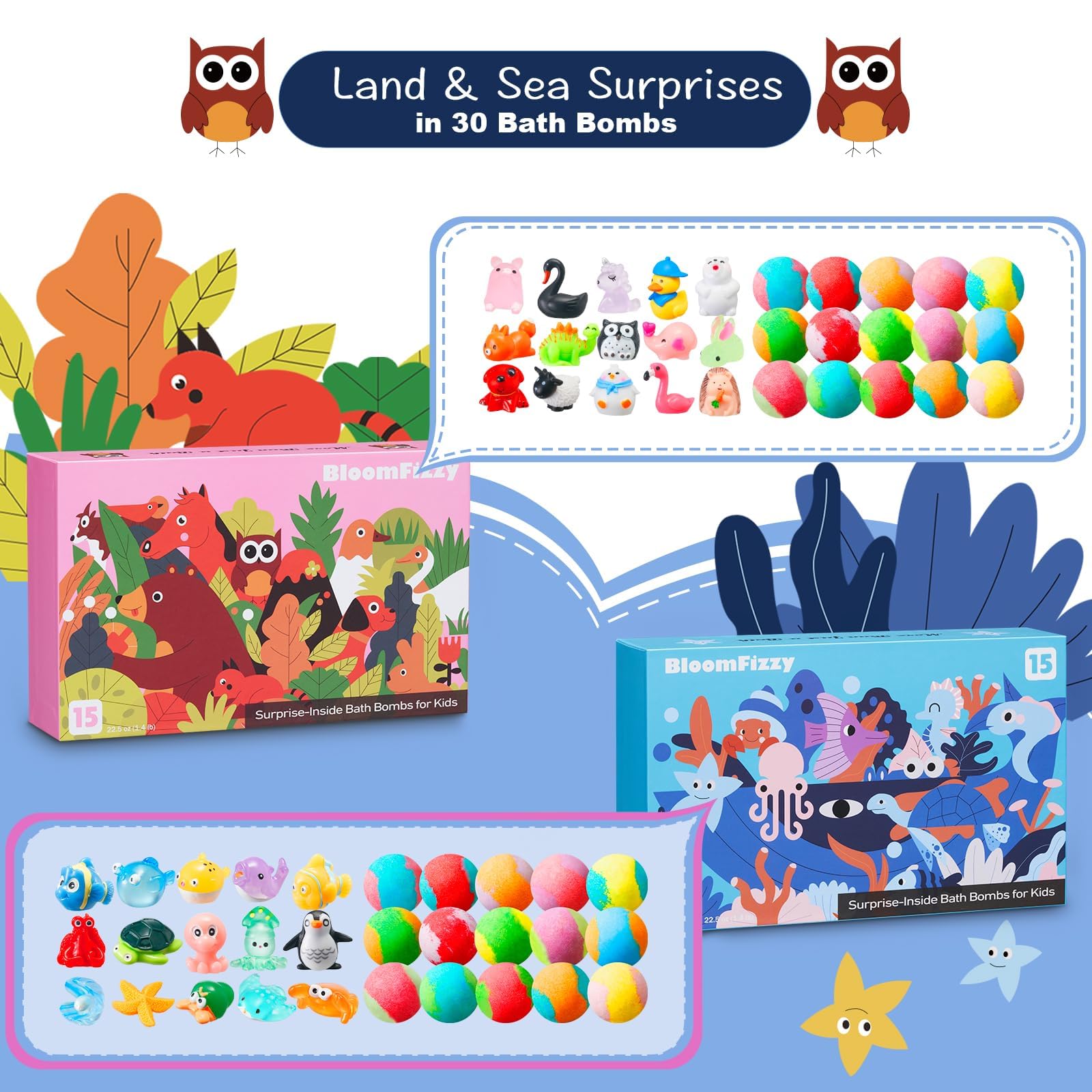 BloomFizzy dual-box packaging highlights land and sea themes for discovery.