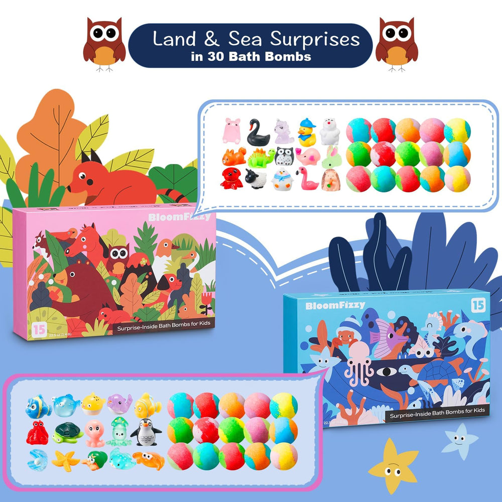BloomFizzy dual-box packaging highlights land and sea themes for discovery.