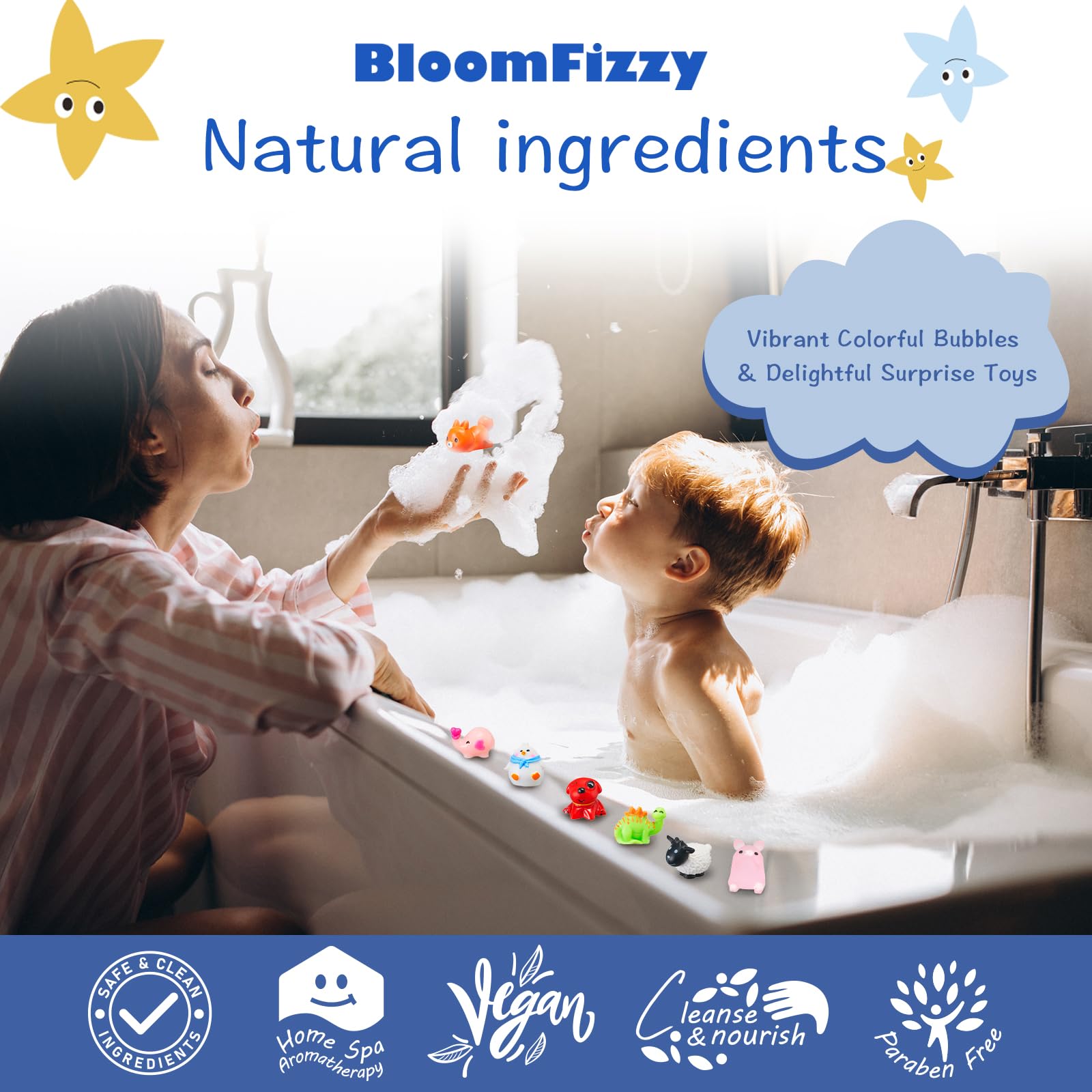 BloomFizzy Jungle Bath Bombs with gentle ingredients for sensitive skin.