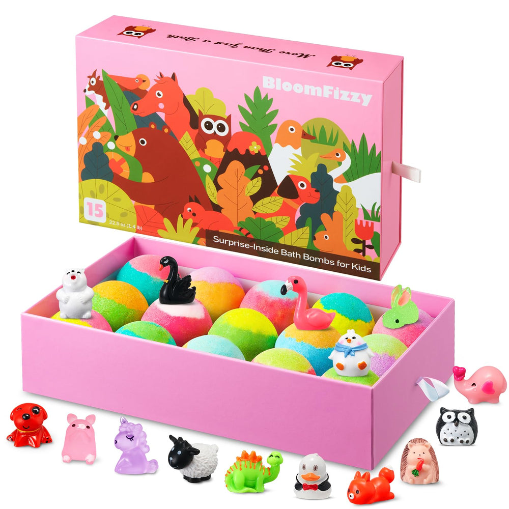 BloomFizzy Jungle Bath Bombs set display with colorful fizzers and hidden animal toys.